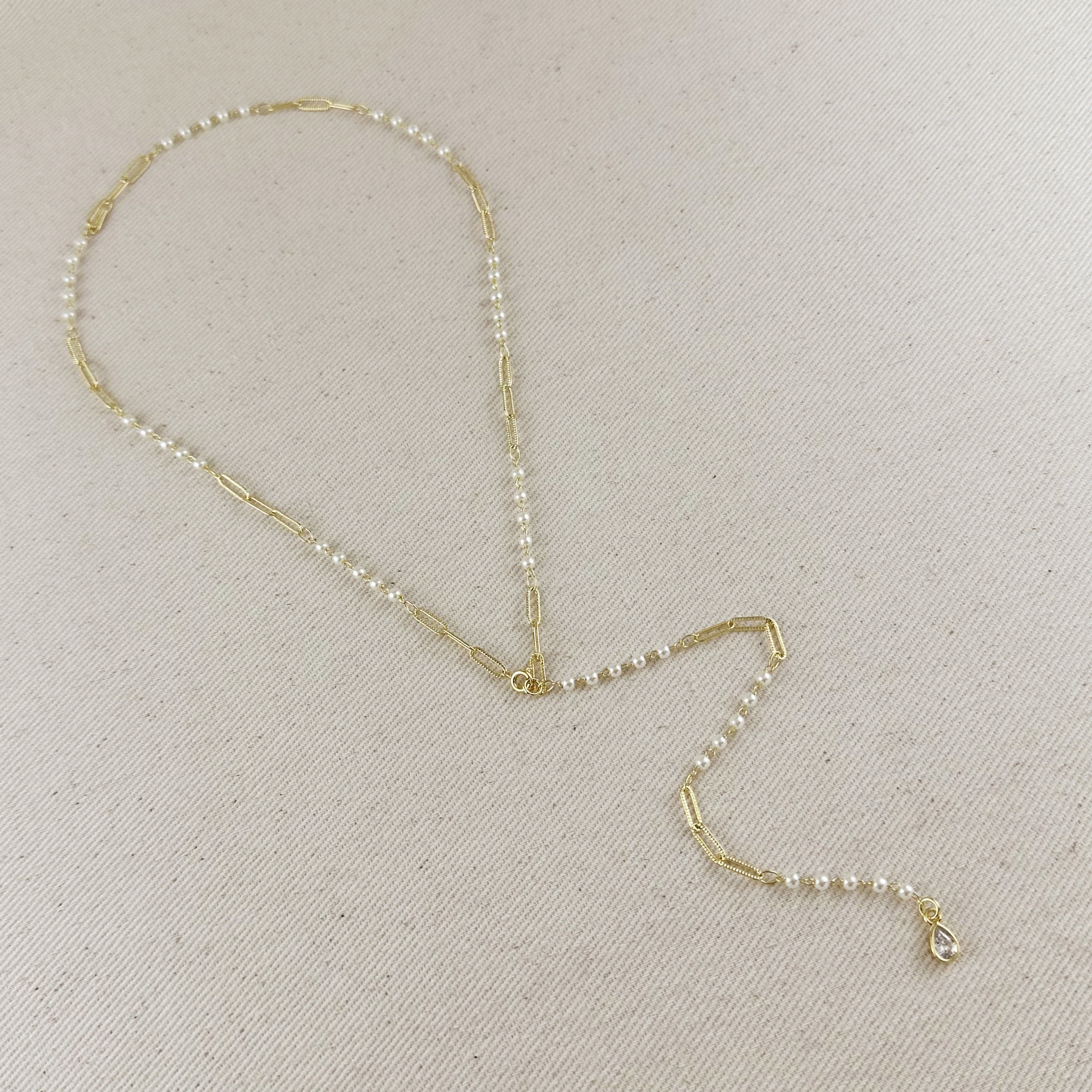 Mondsee 18k Gold Filled Diamond Cut Paperclip & Pearls Lariat Necklace | 18k Gold Filled Jewelry