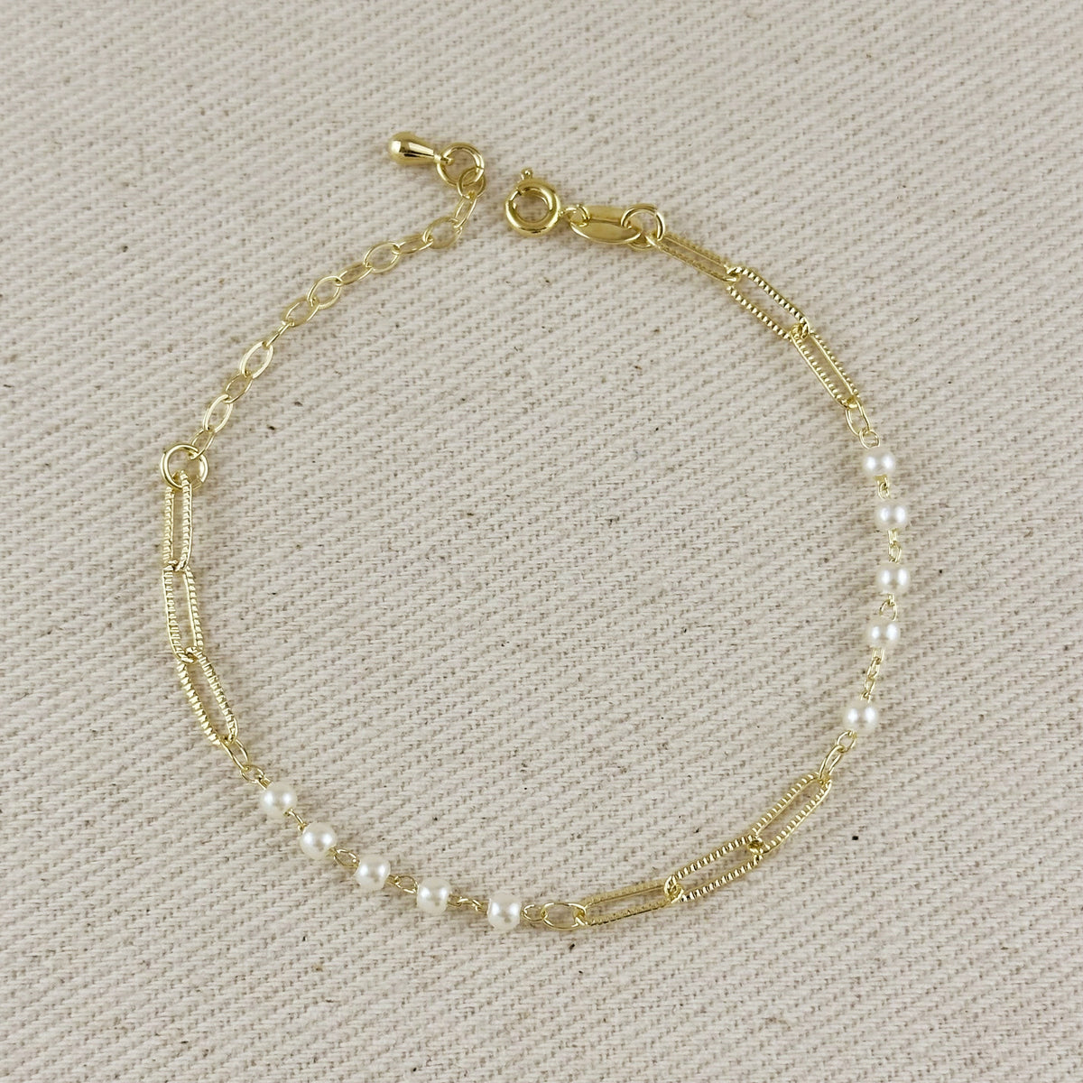 18k Gold Filled Diamond Cut Paperclip & Pearls Bracelet