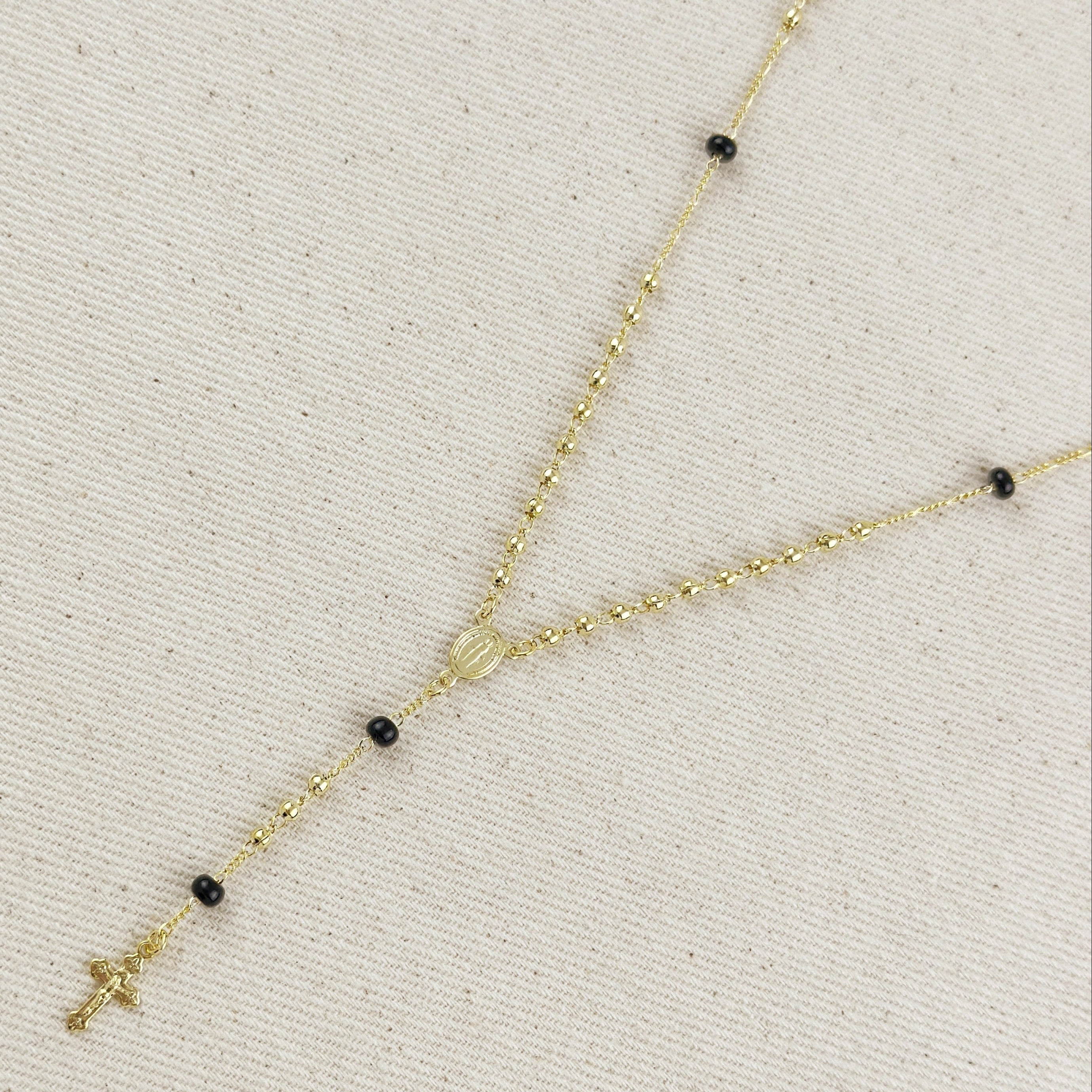 Mondsee 18k Gold Filled Our Mother of Grace With Black Bead Rosary Necklace | 18k Gold Filled Jewelry