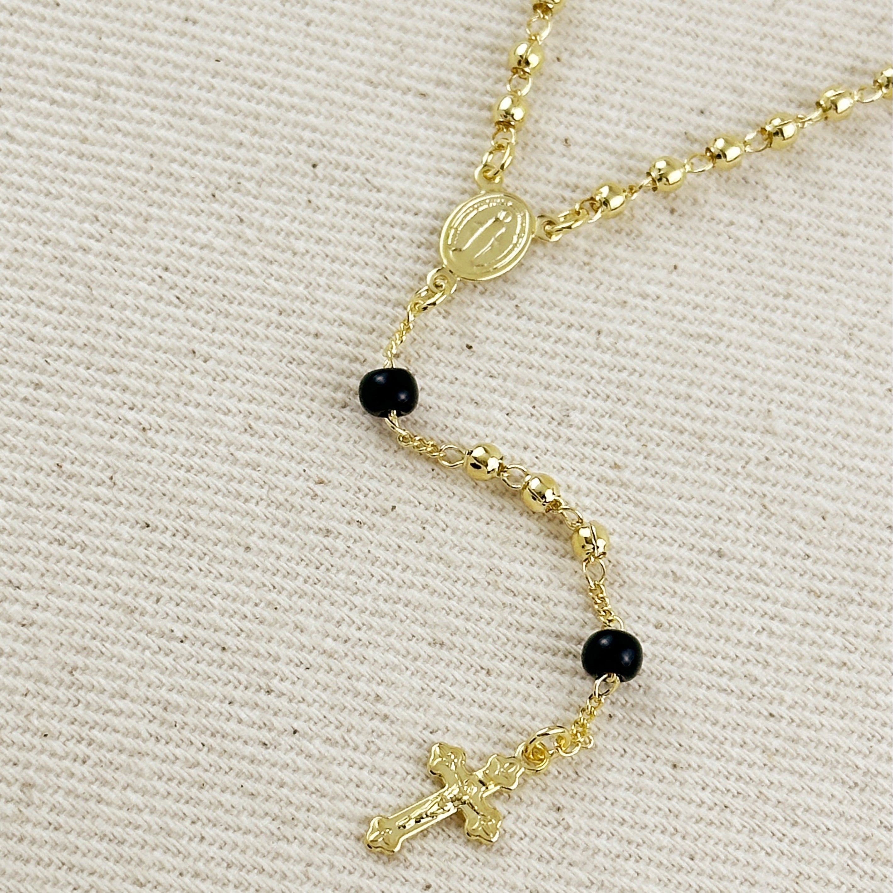 Mondsee 18k Gold Filled Our Mother of Grace With Black Bead Rosary Necklace | 18k Gold Filled Jewelry