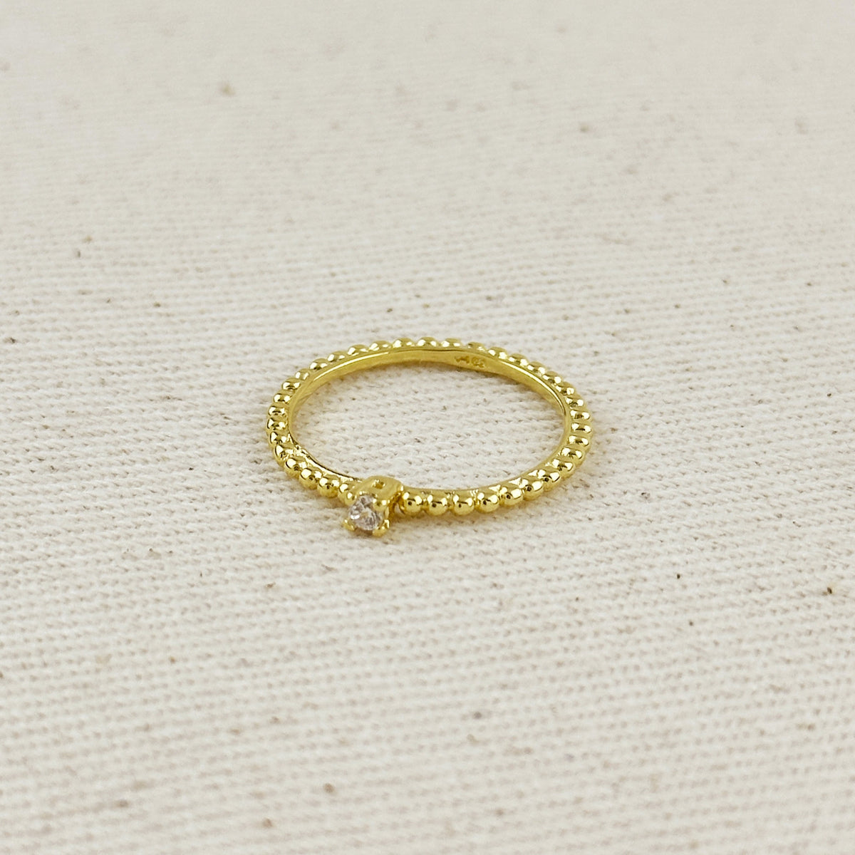 18K Gold Filled Beaded Ring with Single CZ Stone