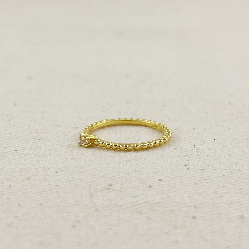18K Gold Filled Beaded Ring with Single CZ Stone