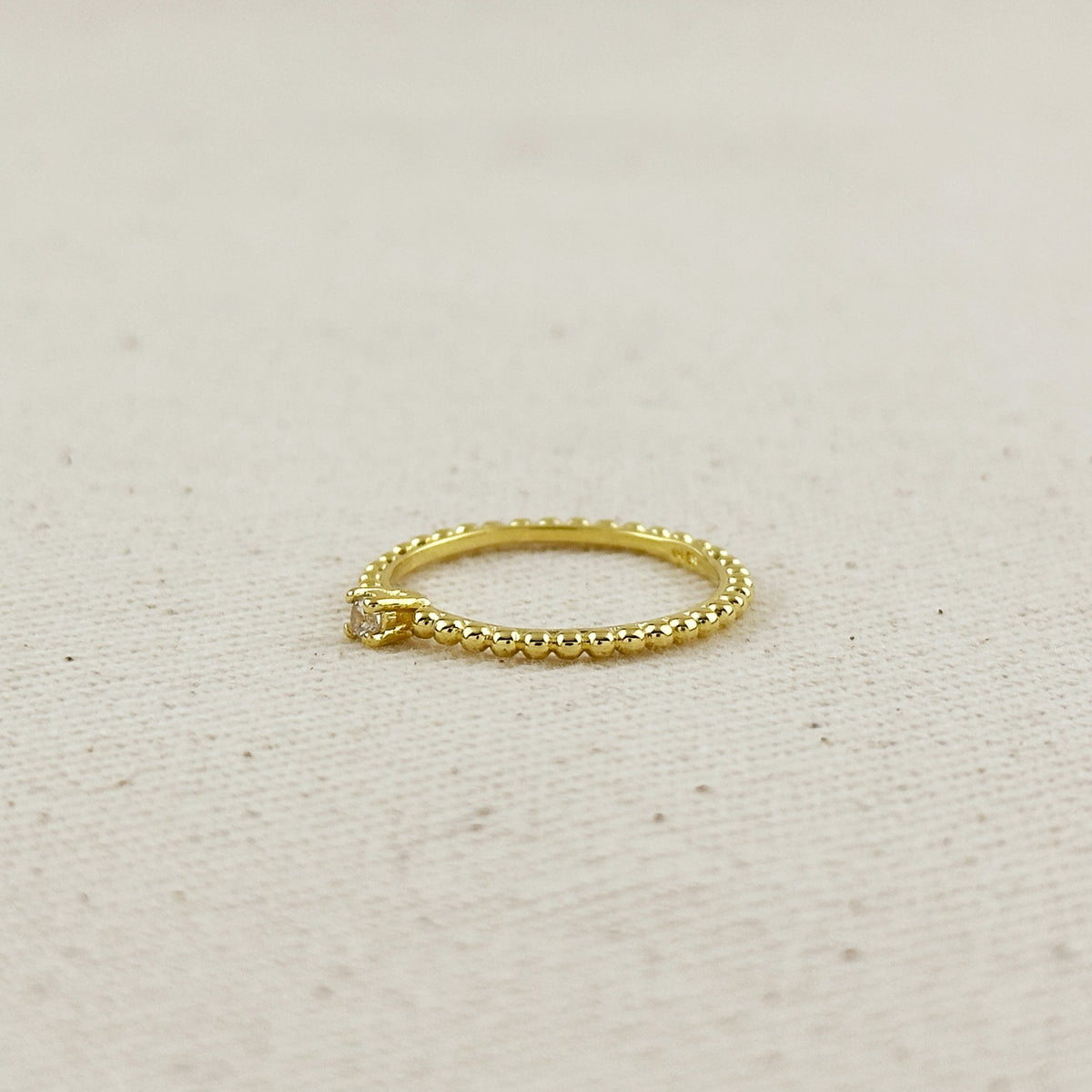 18K Gold Filled Beaded Ring with Single CZ Stone