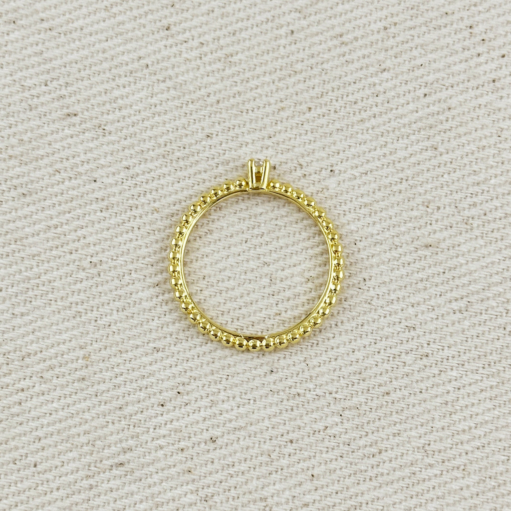 18K Gold Filled Beaded Ring with Single CZ Stone