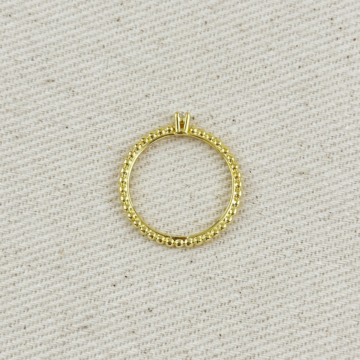 18K Gold Filled Beaded Ring with Single CZ Stone