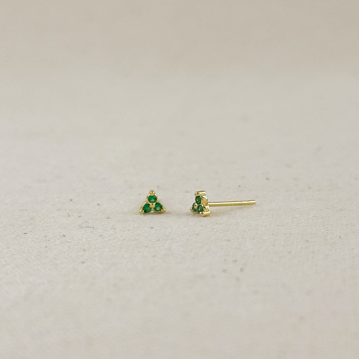 18K Gold Filled Triple CZ Triangle Stud Earrings – Emerald Green