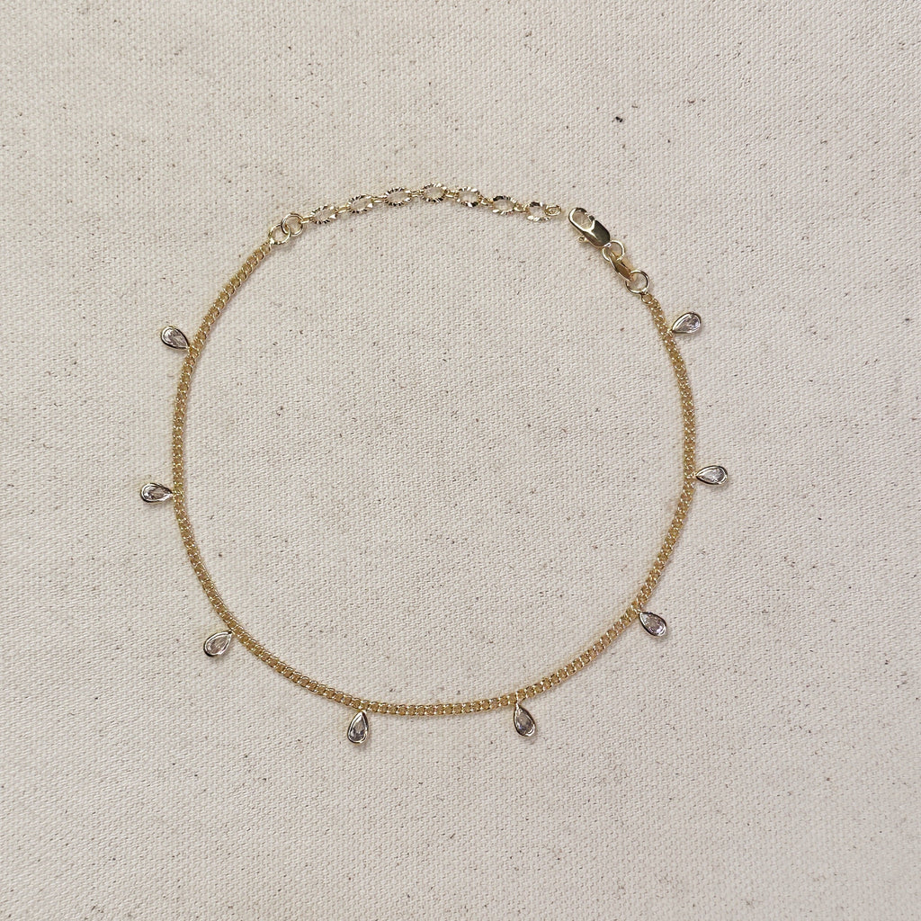 Mondsee 18k Gold Filled 2mm Curb Chain With Bezel CZ Drops Anklet | 18k Gold Filled Jewelry