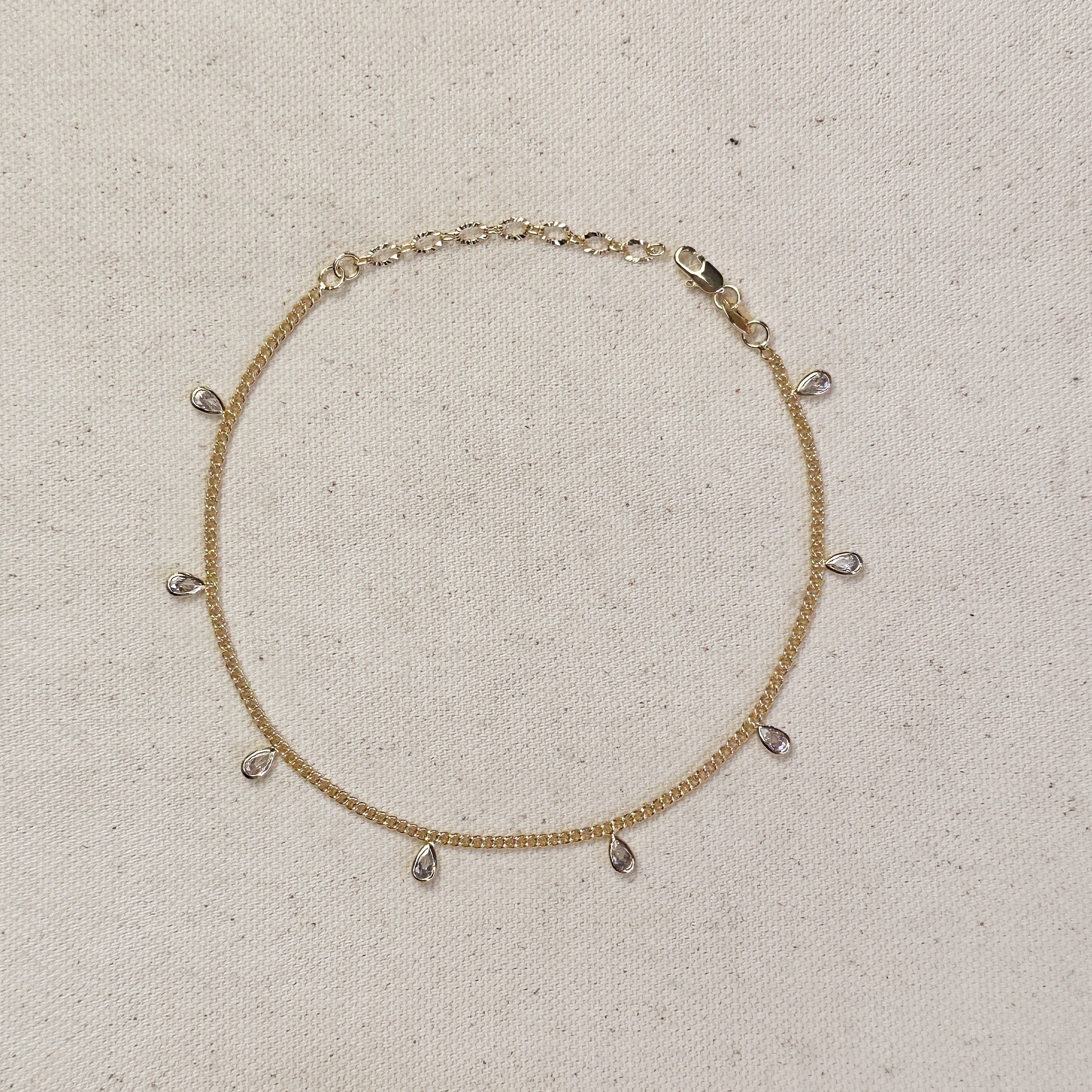 Mondsee 18k Gold Filled 2mm Curb Chain With Bezel CZ Drops Anklet | 18k Gold Filled Jewelry
