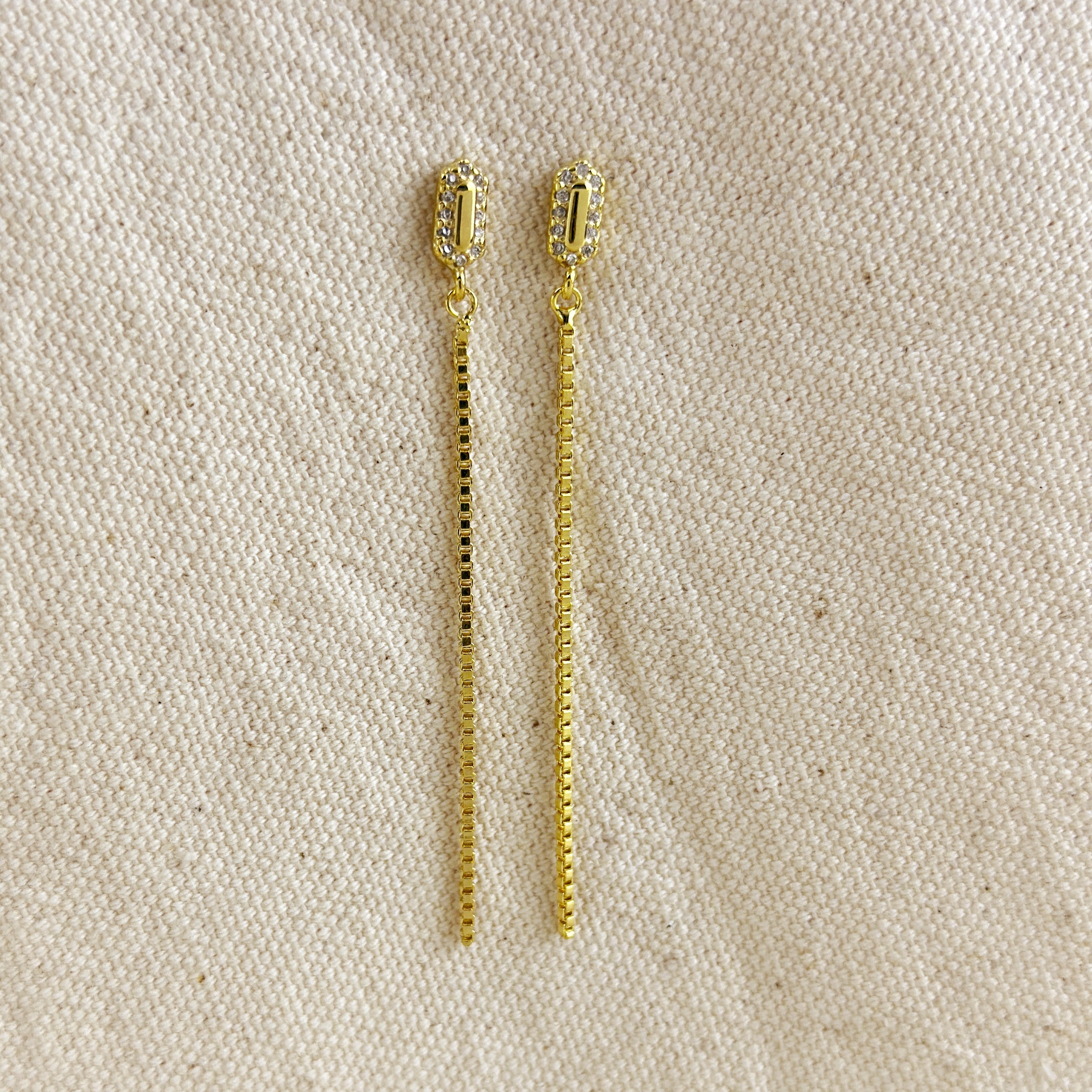 Mondsee 18k Gold Filled CZ Box Chain Drop Earrings | 18k Gold Filled Jewelry