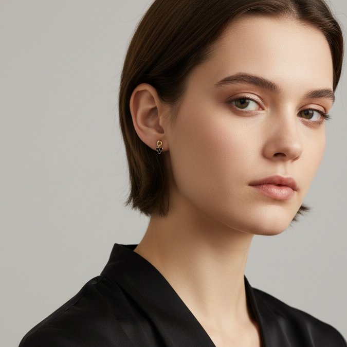 Woman wearing a black top against a plain background