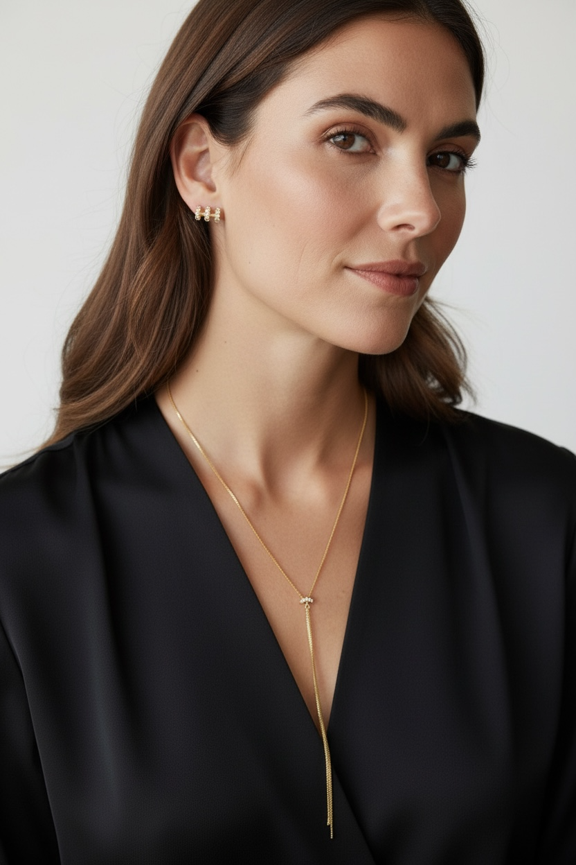 Woman wearing a gold necklace and earrings against a plain background