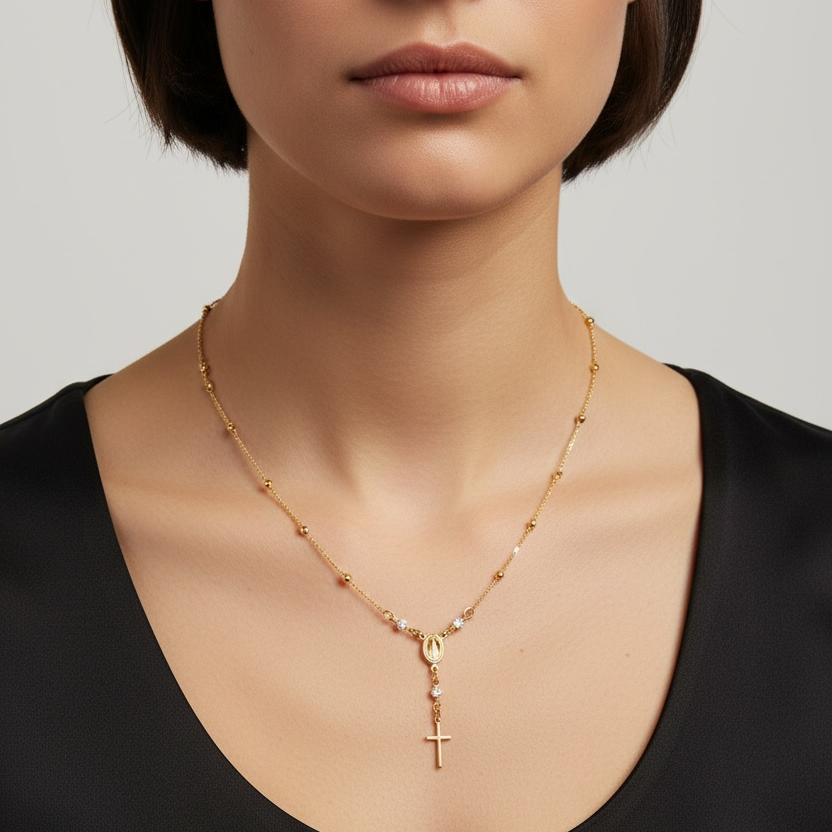 Mondsee 18k Gold Filled Rosary Ball Chain and Cross Pendant | 18k Gold Filled Jewelry