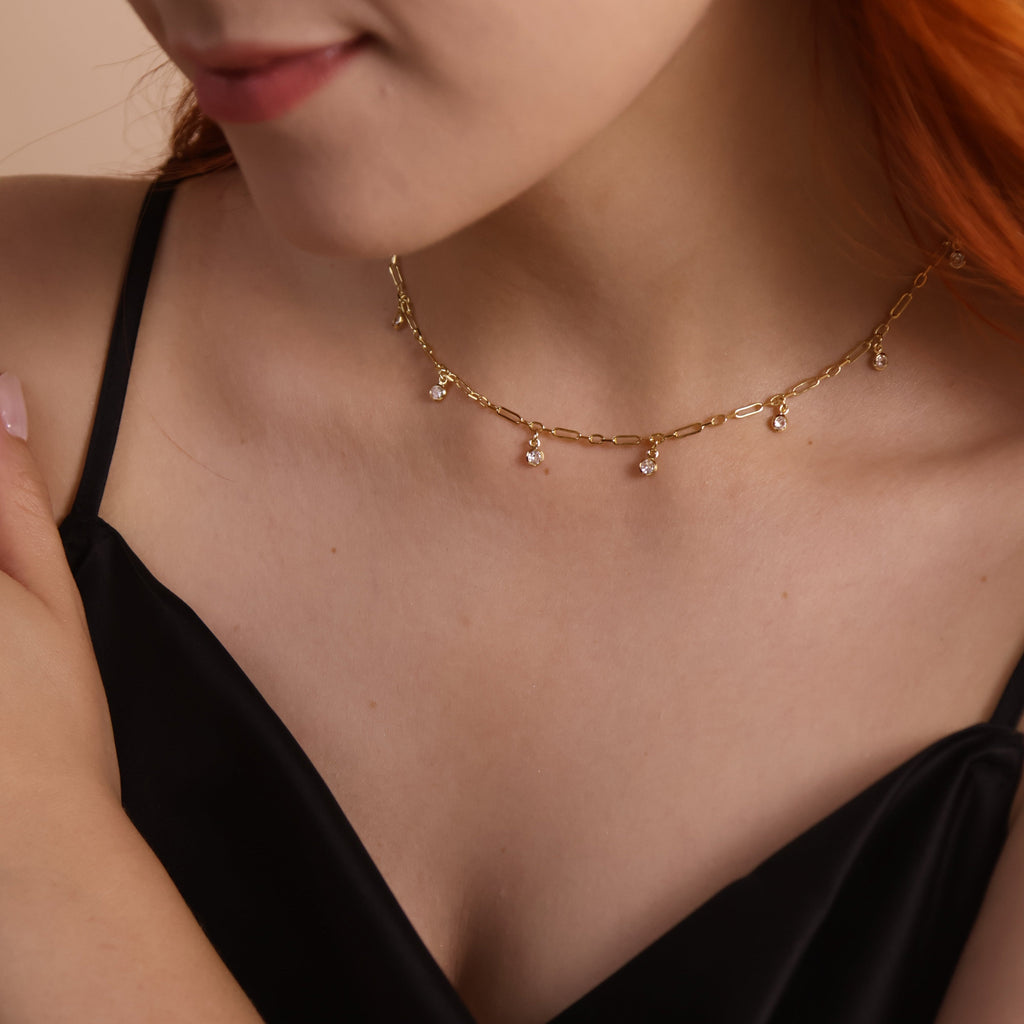 Mondsee 18K Gold Filled Paperclip Chain with Bezel CZ Drops Necklace | 18k Gold Filled Jewelry