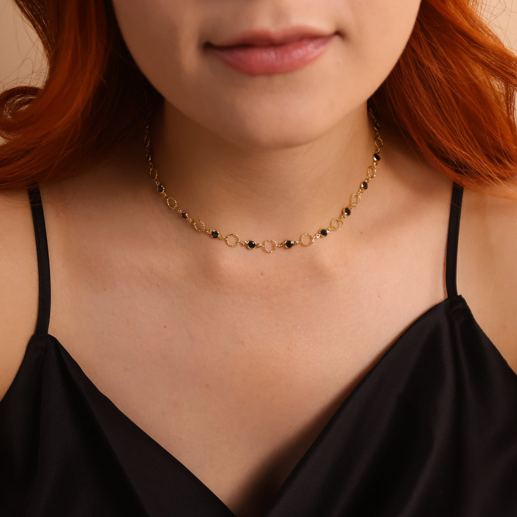 Mondsee 18k Gold Filled Black Bezel CZ & Circles Choker Necklace | 18k Gold Filled Jewelry