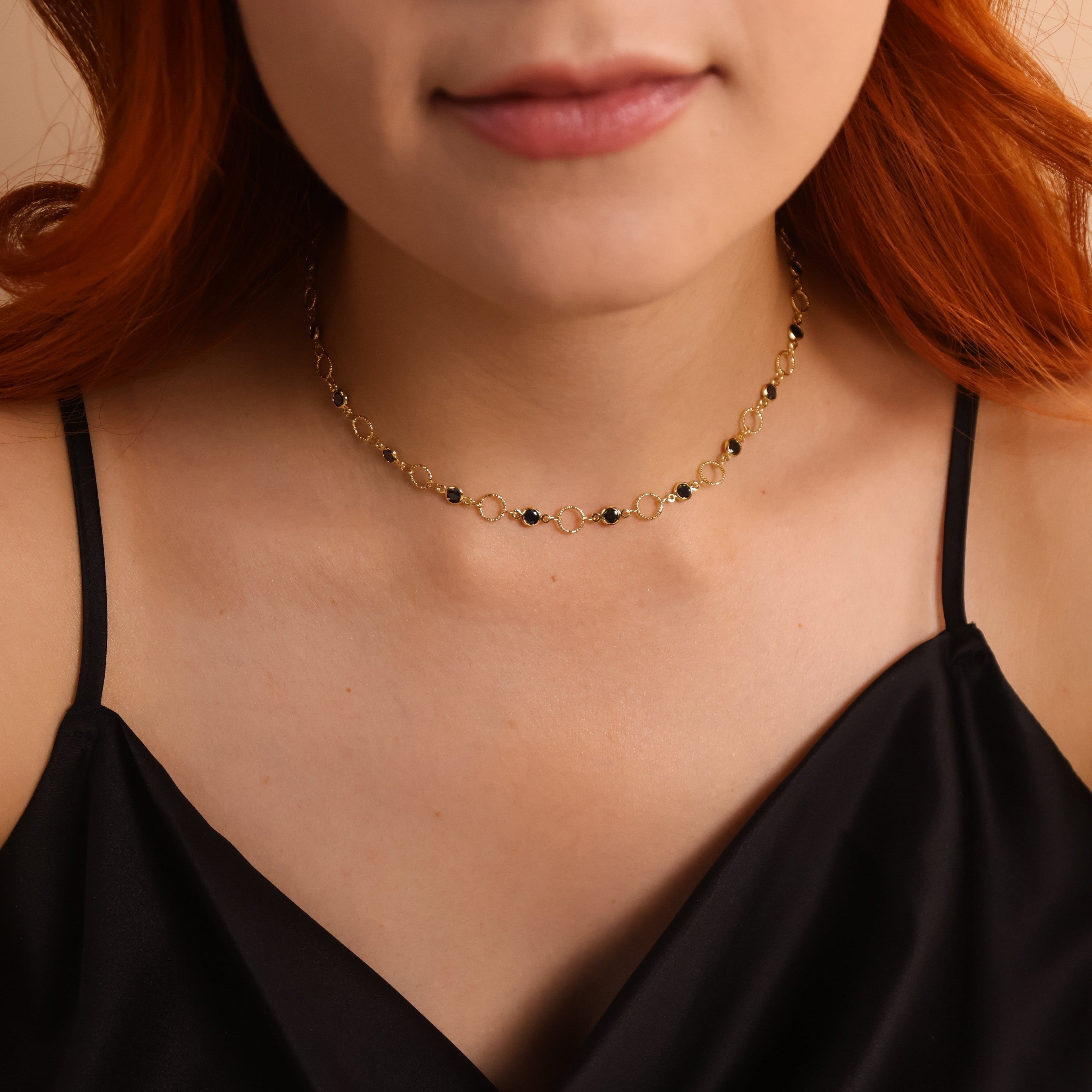Mondsee 18k Gold Filled Black Bezel CZ & Circles Choker Necklace | 18k Gold Filled Jewelry