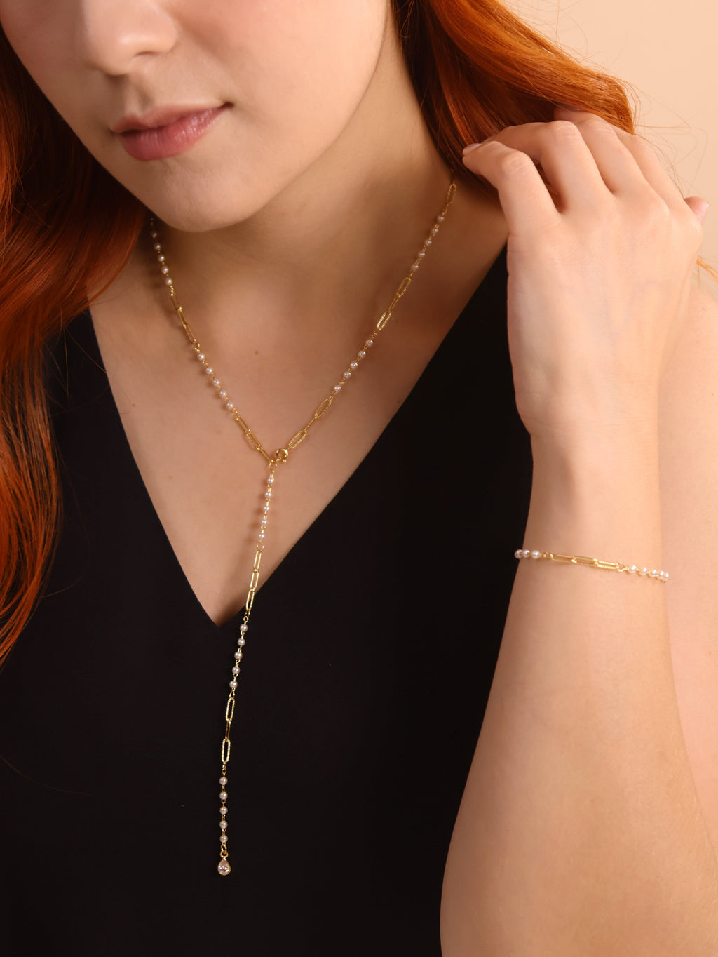 Mondsee 18k Gold Filled Diamond Cut Paperclip & Pearls Lariat Necklace | 18k Gold Filled Jewelry