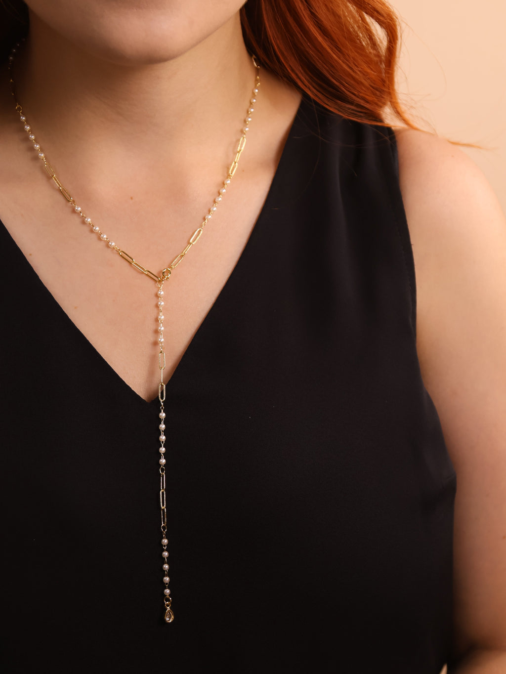 Mondsee 18k Gold Filled Diamond Cut Paperclip & Pearls Lariat Necklace | 18k Gold Filled Jewelry