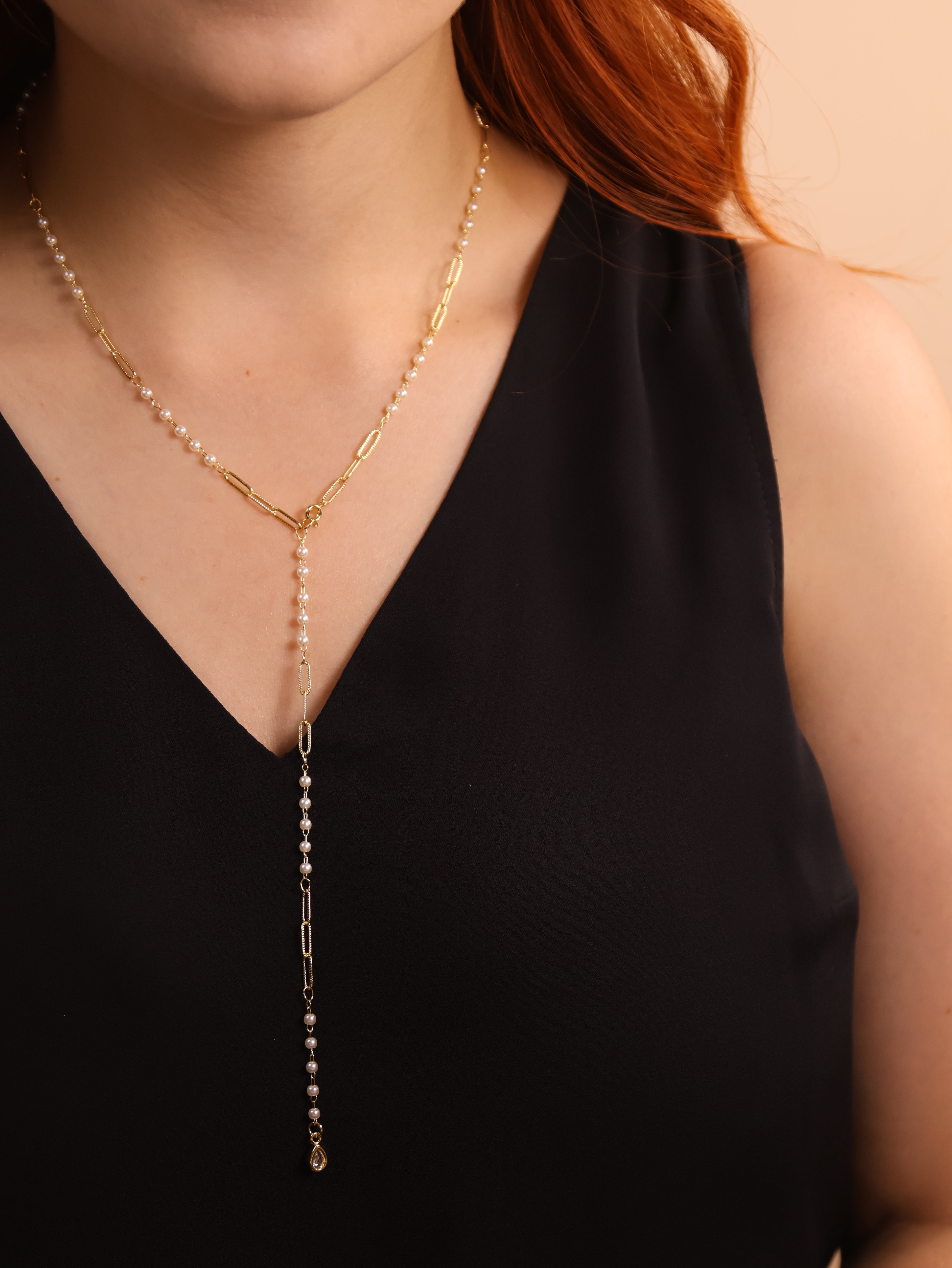 Mondsee 18k Gold Filled Diamond Cut Paperclip & Pearls Lariat Necklace | 18k Gold Filled Jewelry