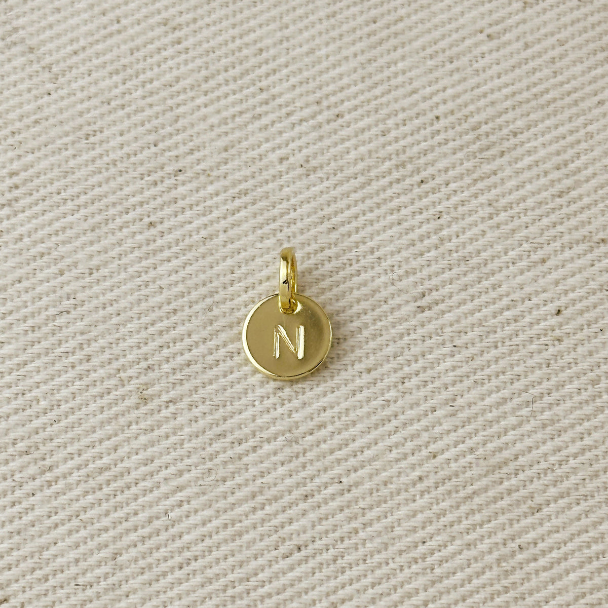 Stamped Tiny Initial Letter Charm in 18k Gold Filled Complete Alphabet – N