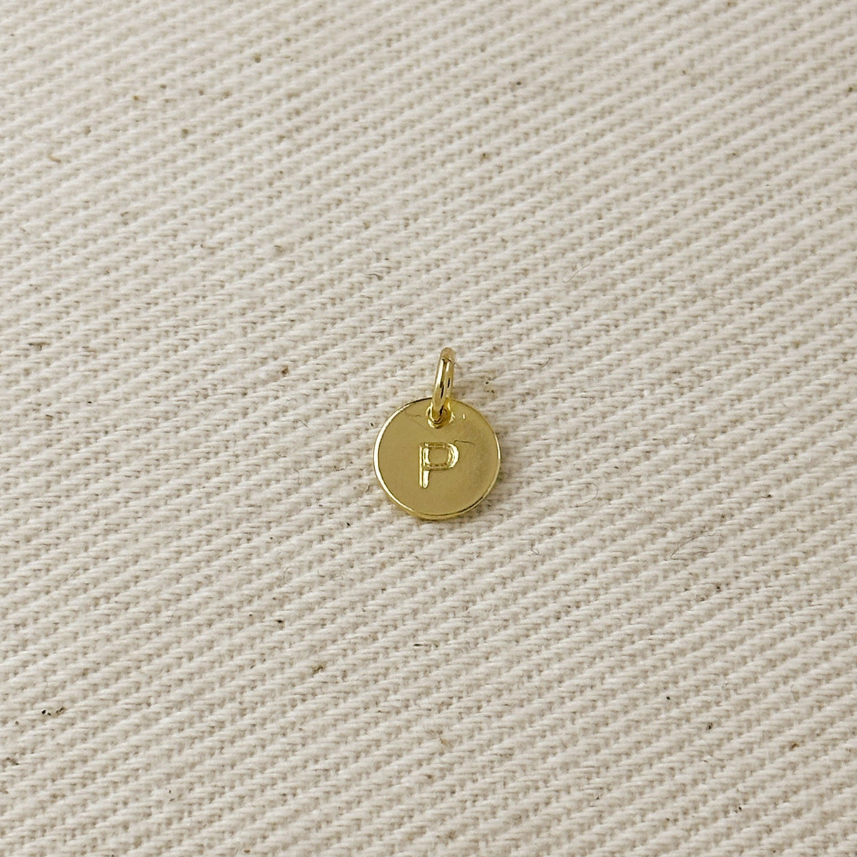 Stamped Tiny Initial Letter Charm in 18k Gold Filled Complete Alphabet – P