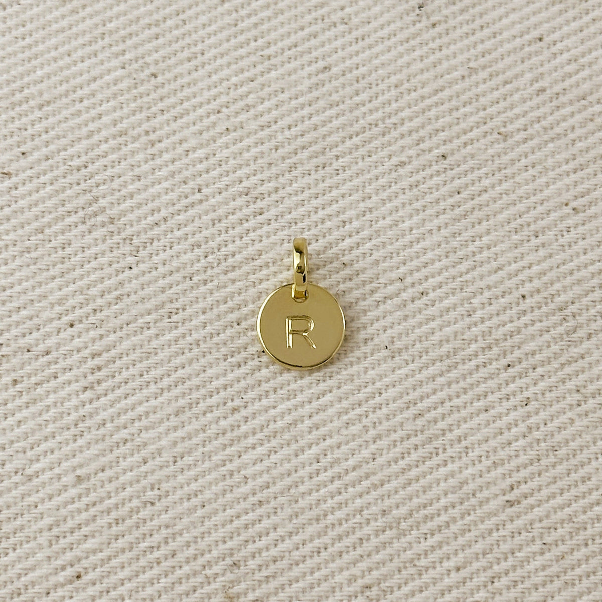 Stamped Tiny Initial Letter Charm in 18k Gold Filled Complete Alphabet – R
