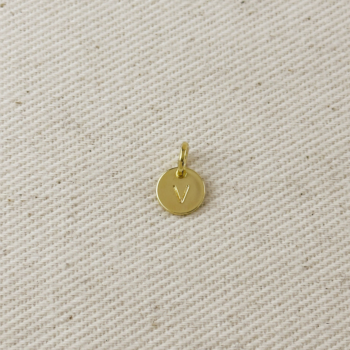 Stamped Tiny Initial Letter Charm in 18k Gold Filled Complete Alphabet – V