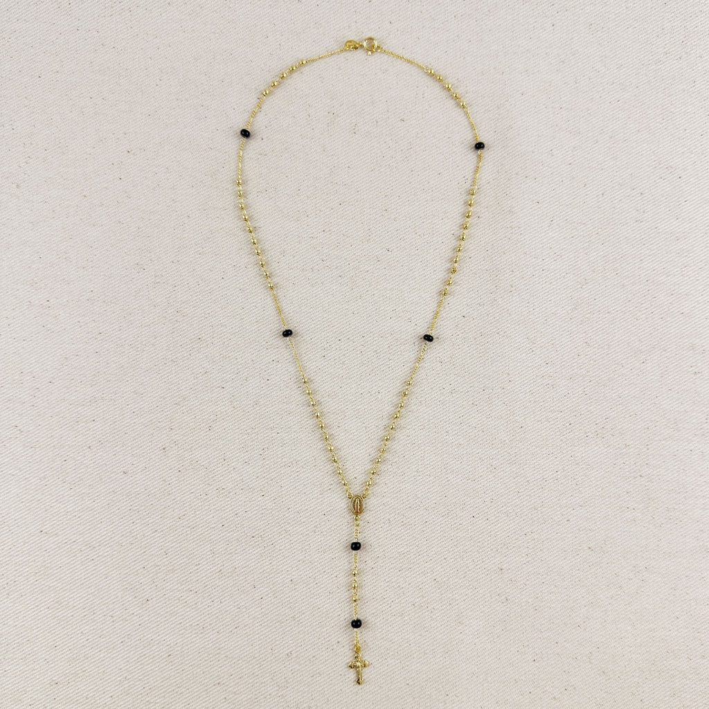 Mondsee 18k Gold Filled Our Mother of Grace With Black Bead Rosary Necklace | 18k Gold Filled Jewelry