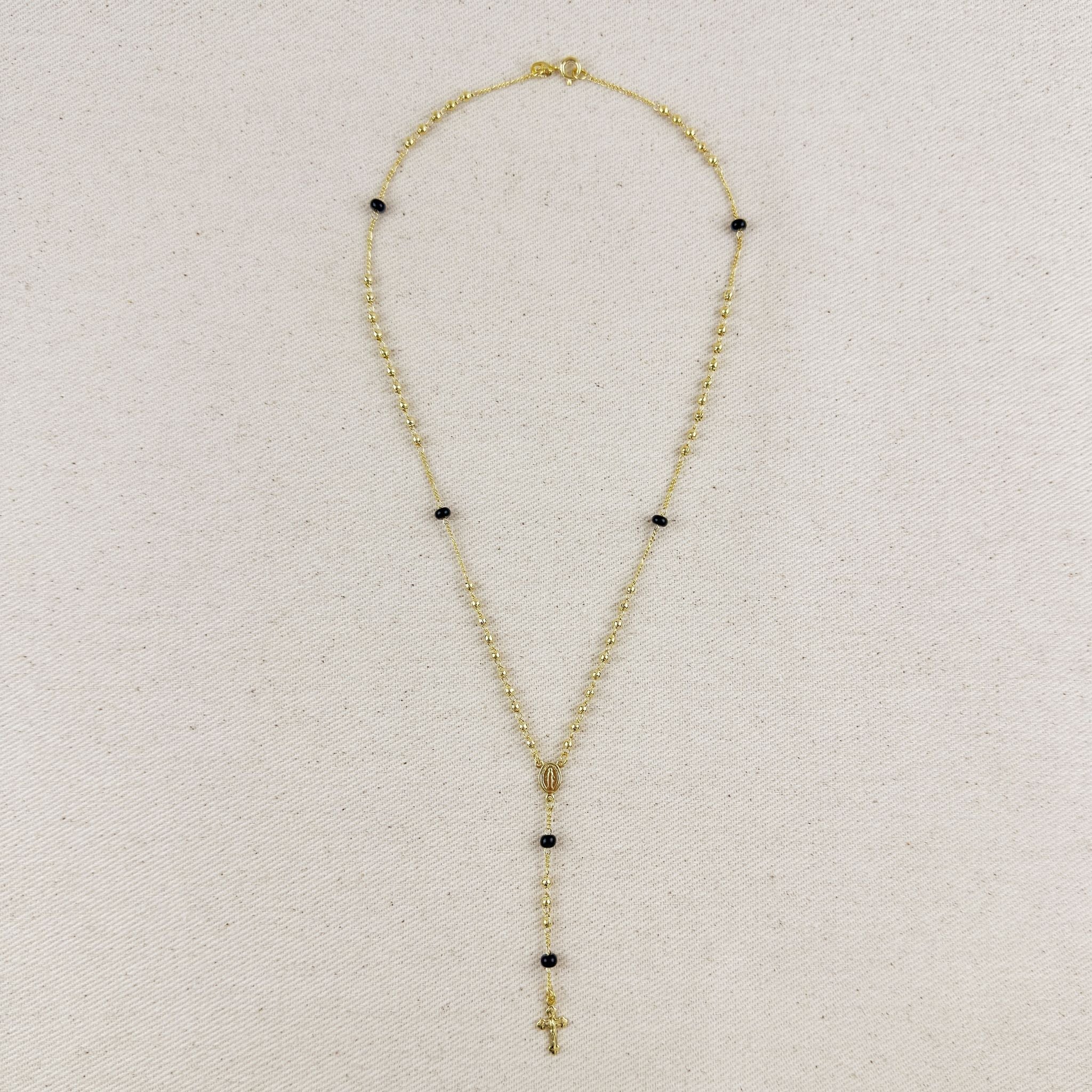 Mondsee 18k Gold Filled Our Mother of Grace With Black Bead Rosary Necklace | 18k Gold Filled Jewelry
