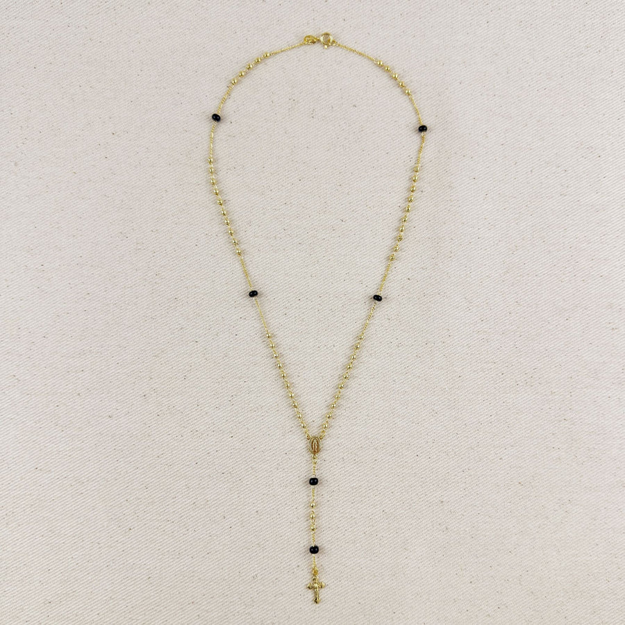 18k Gold Filled Our Mother of Grace With Black Bead Rosary Necklace