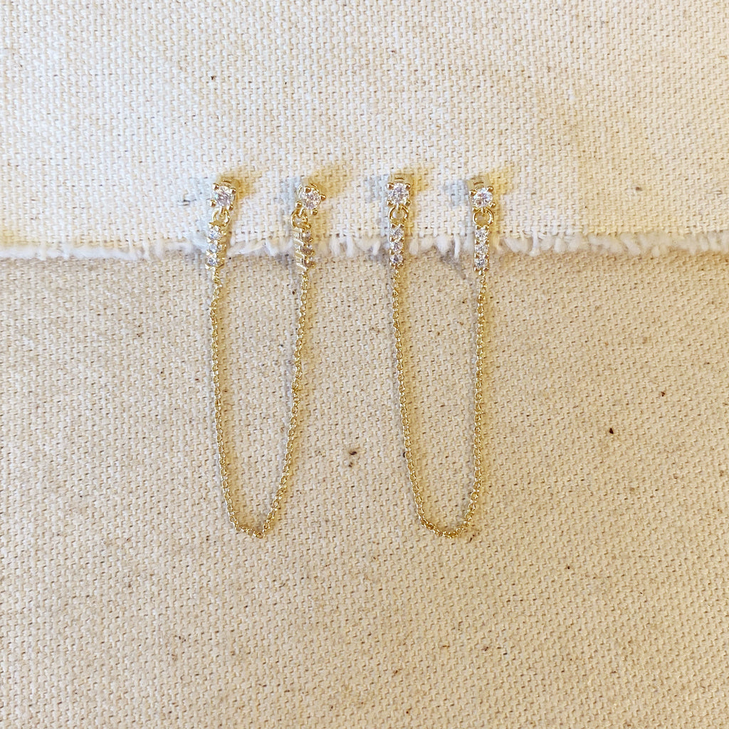 Mondsee CZ Double Piercing Earrings Connected by Chain | 18k Gold Filled Jewelry