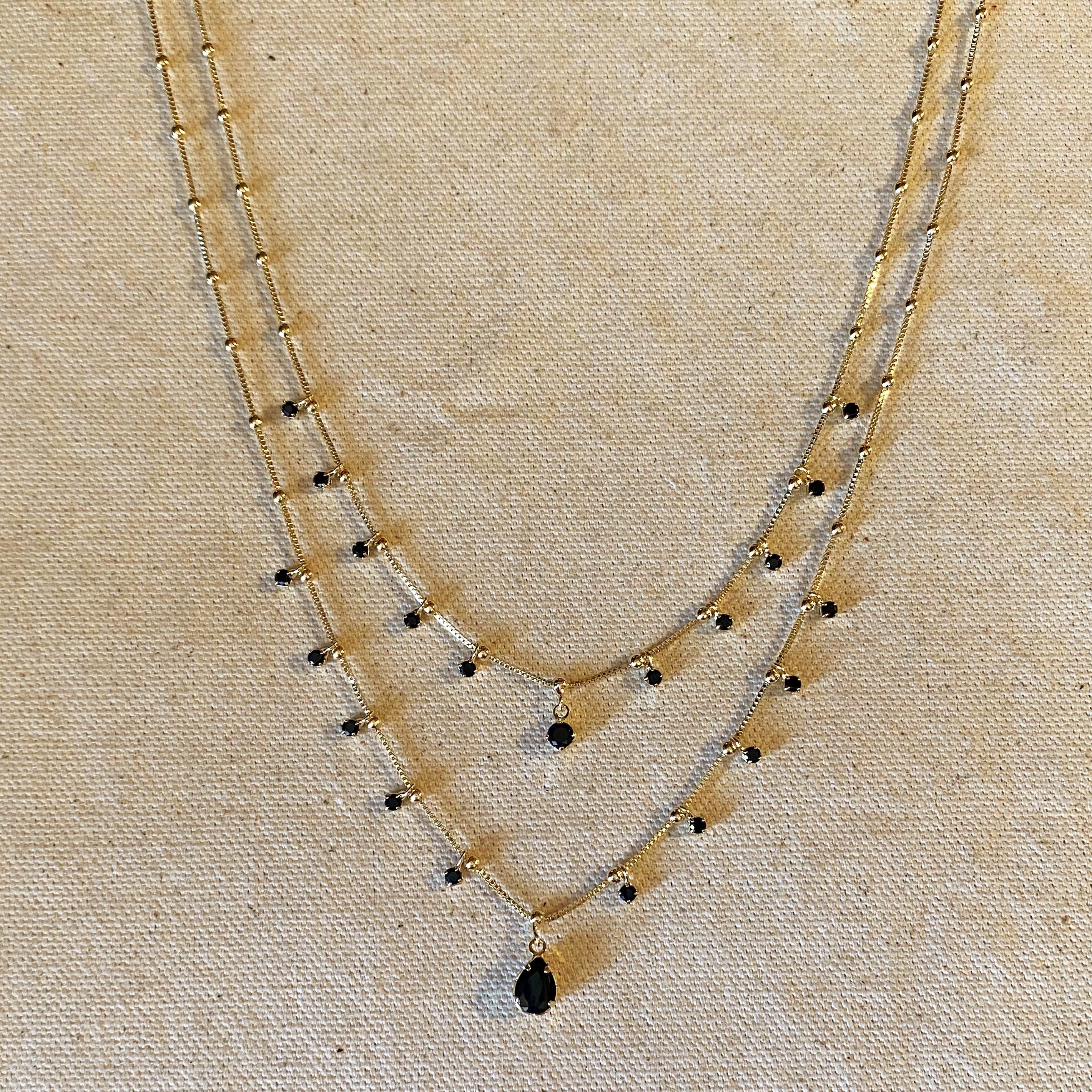 Mondsee 18k Gold Filled Double Teardrop Black Necklace | 18k Gold Filled Jewelry