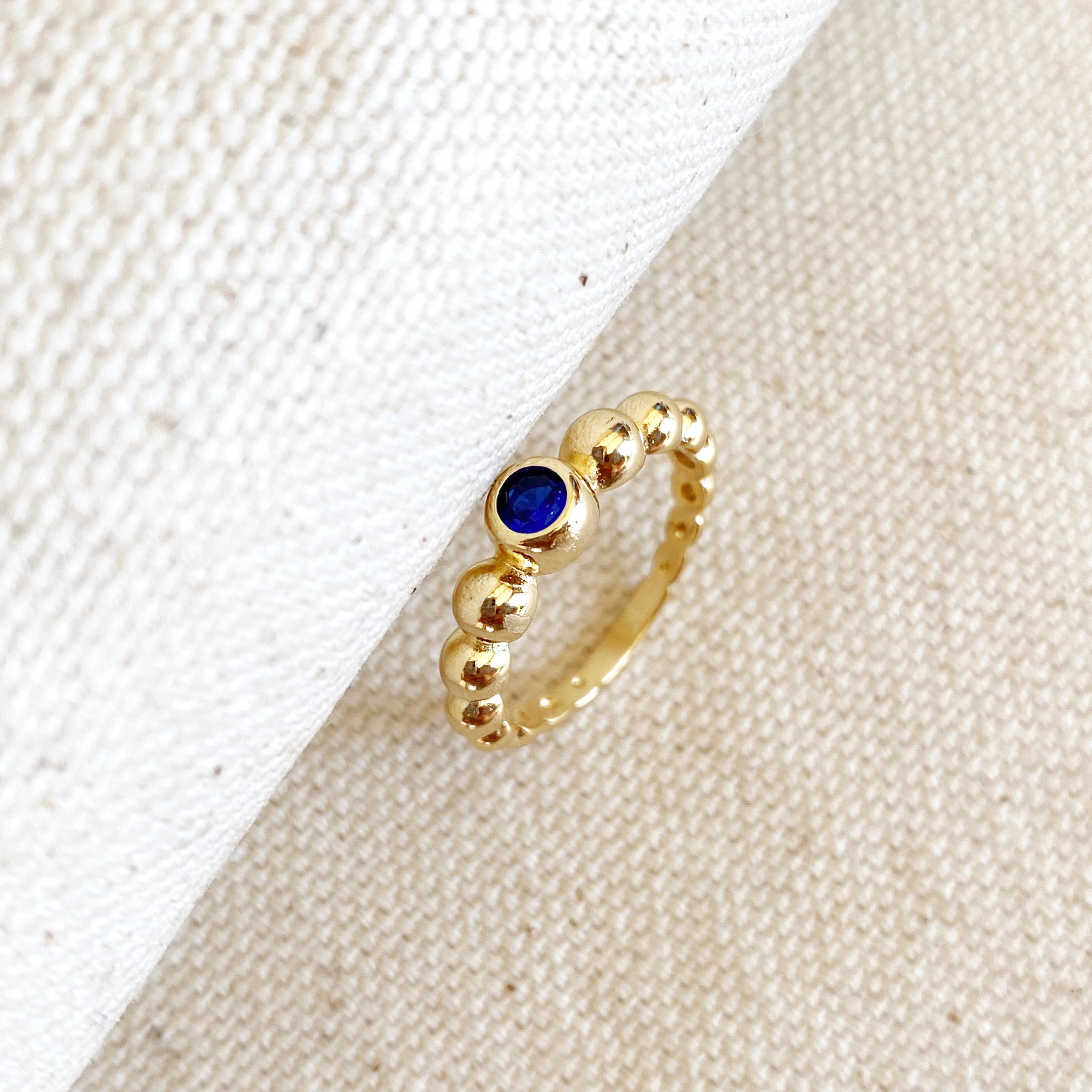 Mondsee 18k Gold Filled Beaded Blue Cubic Zirconia Bezel Ring | 18k Gold Filled Jewelry