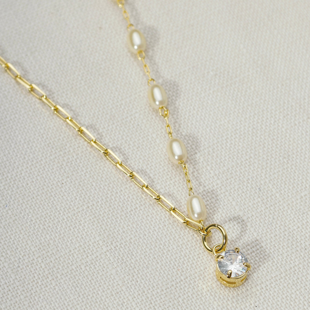 Mondsee 18k Gold Filled Oval Shaped Pearl Necklace With Cubic Zirconia Stone Charm | 18k Gold Filled Jewelry