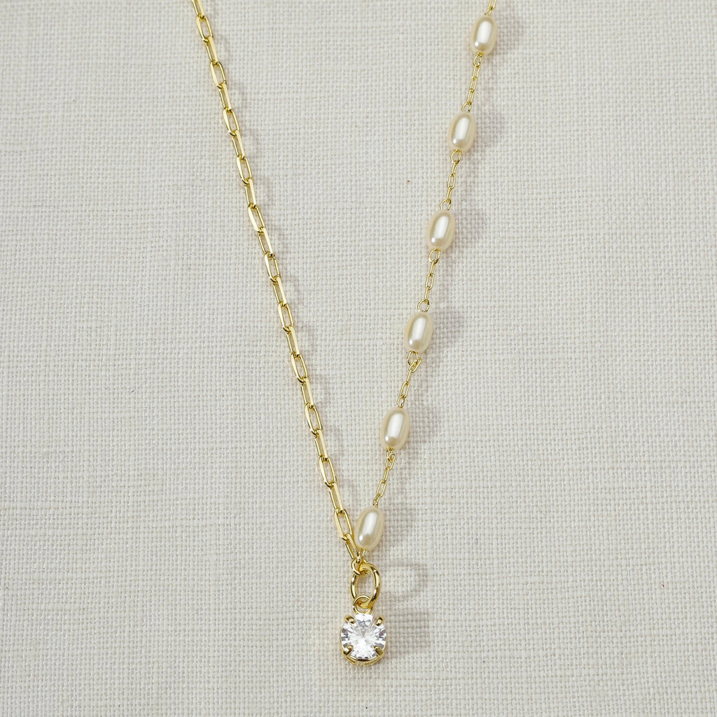 Mondsee 18k Gold Filled Oval Shaped Pearl Necklace With Cubic Zirconia Stone Charm | 18k Gold Filled Jewelry