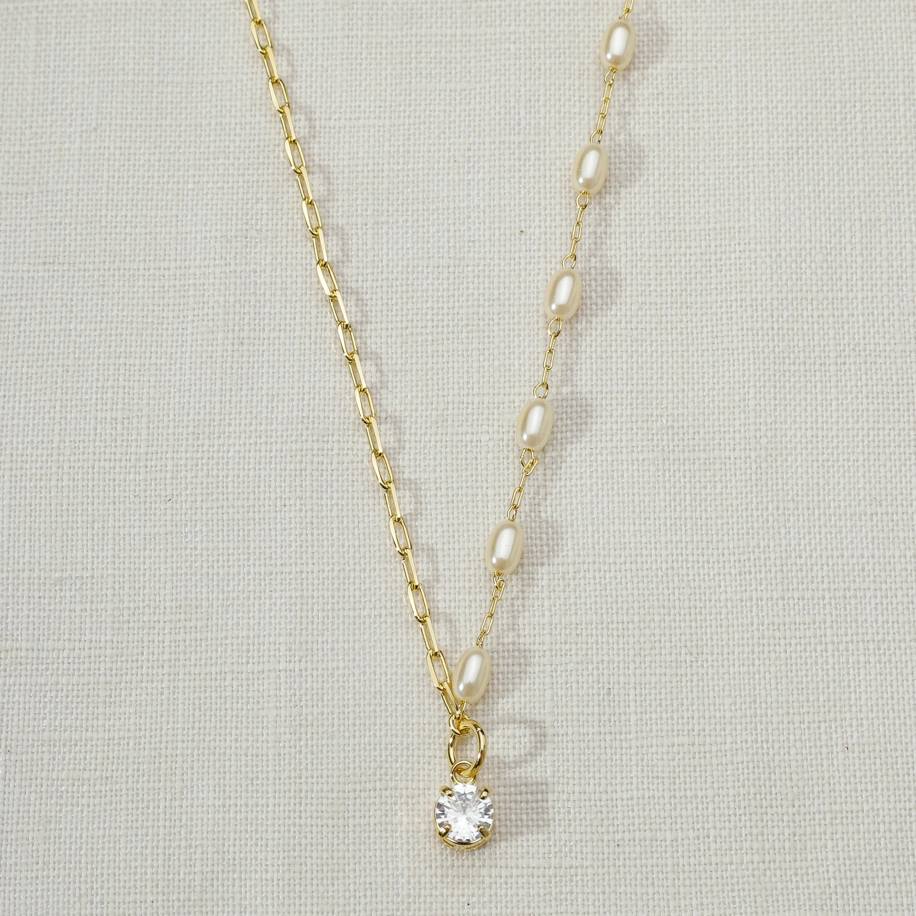 Mondsee 18k Gold Filled Oval Shaped Pearl Necklace With Cubic Zirconia Stone Charm | 18k Gold Filled Jewelry