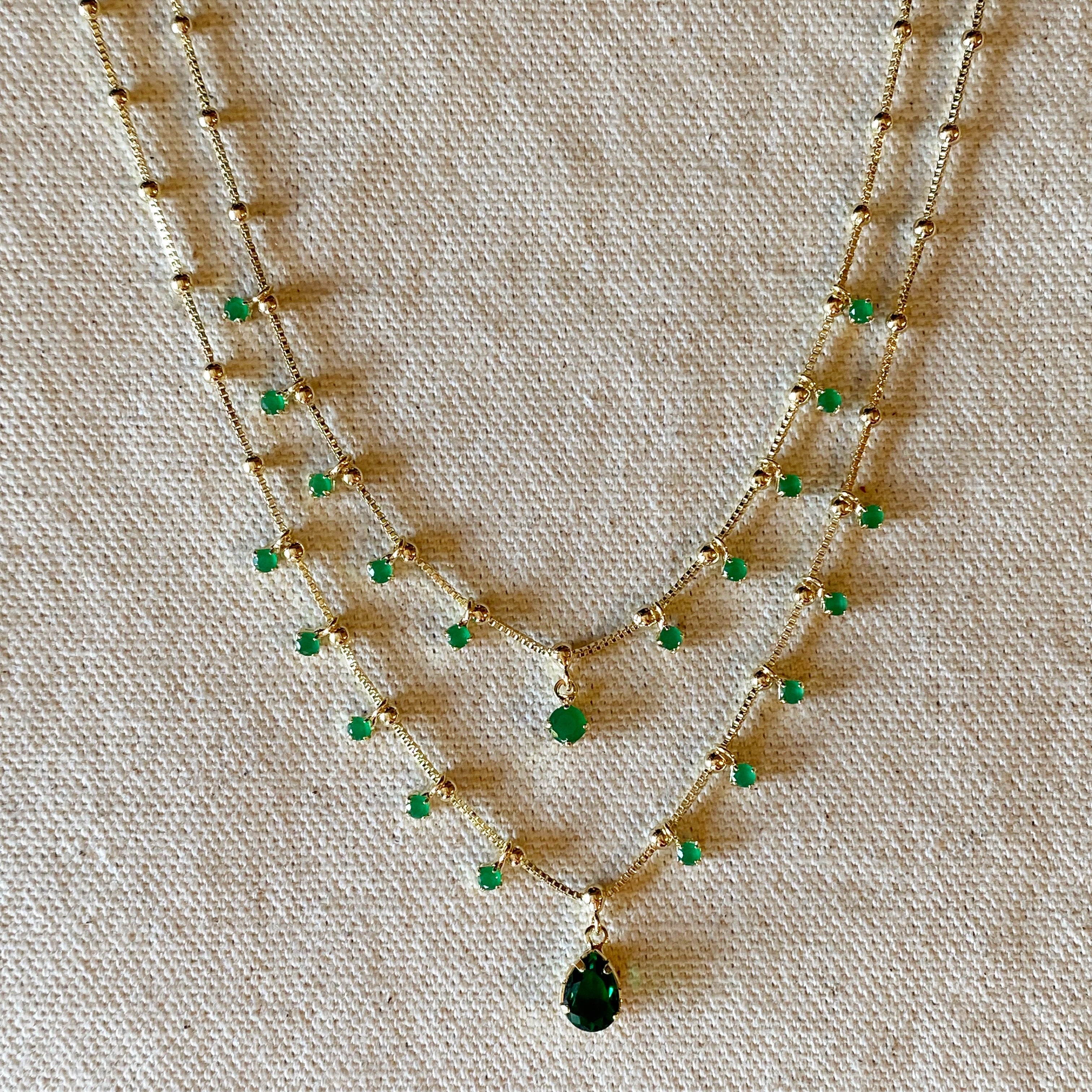 Mondsee 18k Gold Filled Double Teardrop Emerald Necklace | 18k Gold Filled Jewelry