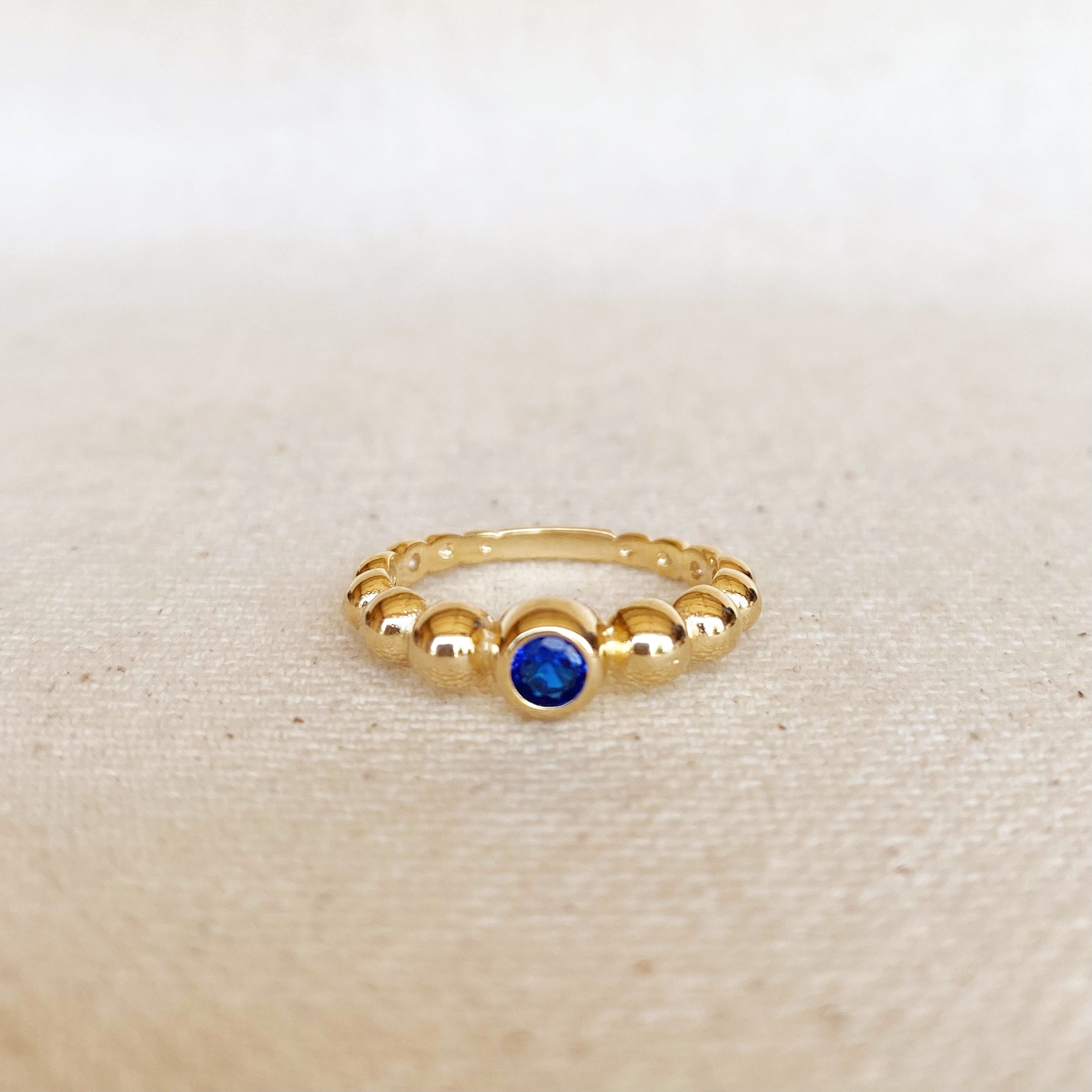 Mondsee 18k Gold Filled Beaded Blue Cubic Zirconia Bezel Ring | 18k Gold Filled Jewelry