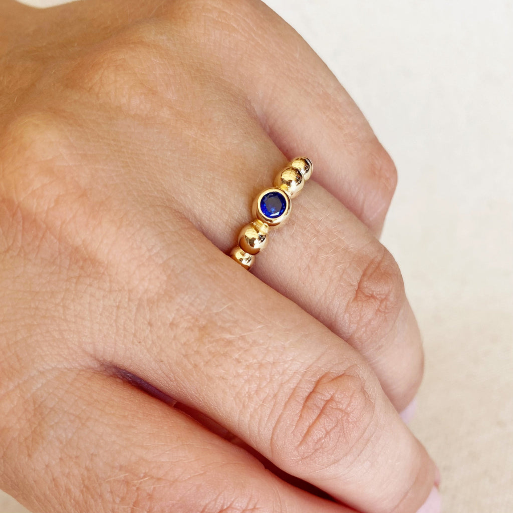 Mondsee 18k Gold Filled Beaded Blue Cubic Zirconia Bezel Ring | 18k Gold Filled Jewelry