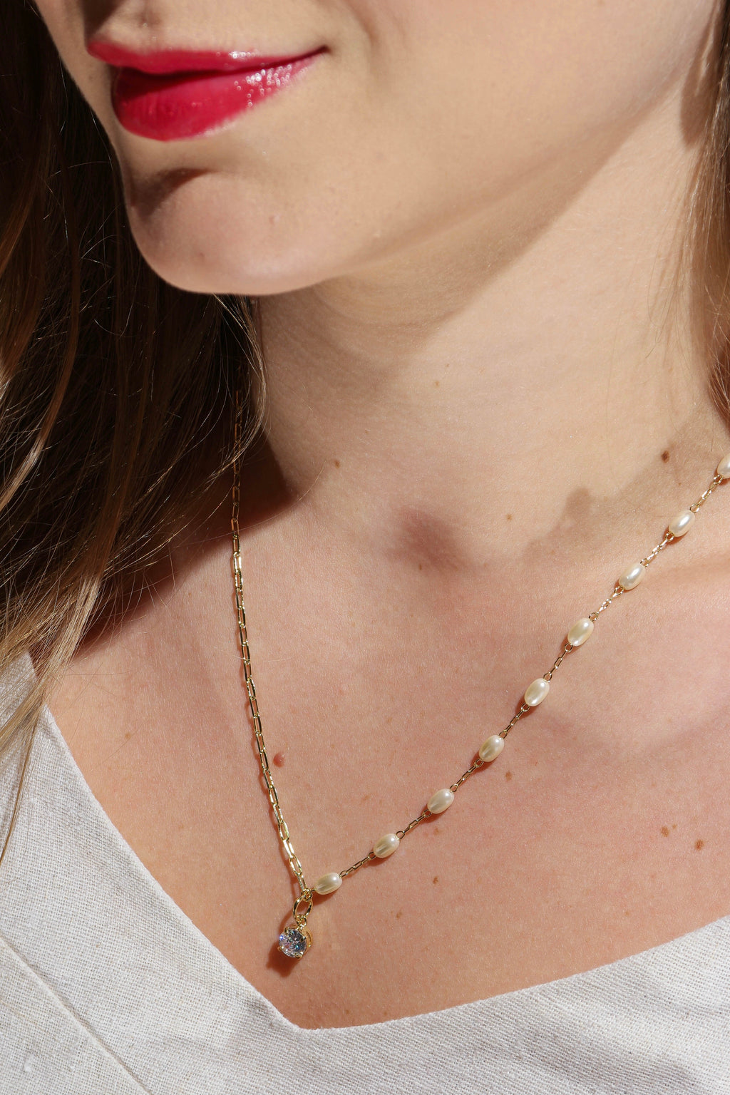 Mondsee 18k Gold Filled Oval Shaped Pearl Necklace With Cubic Zirconia Stone Charm | 18k Gold Filled Jewelry