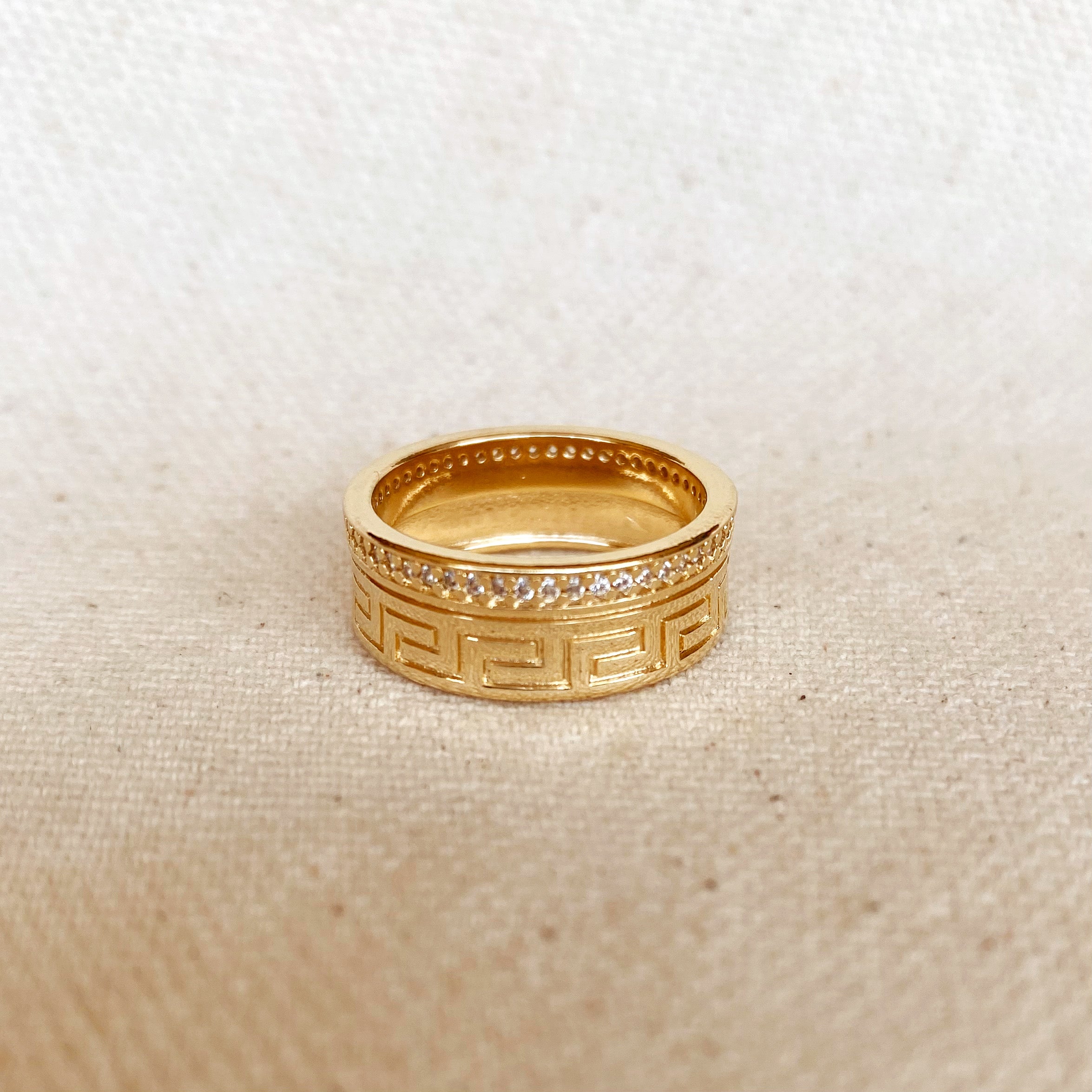 Mondsee 18k Gold Filled Greek Pattern Band Ring With Cubic Zirconia Detail | 18k Gold Filled Jewelry