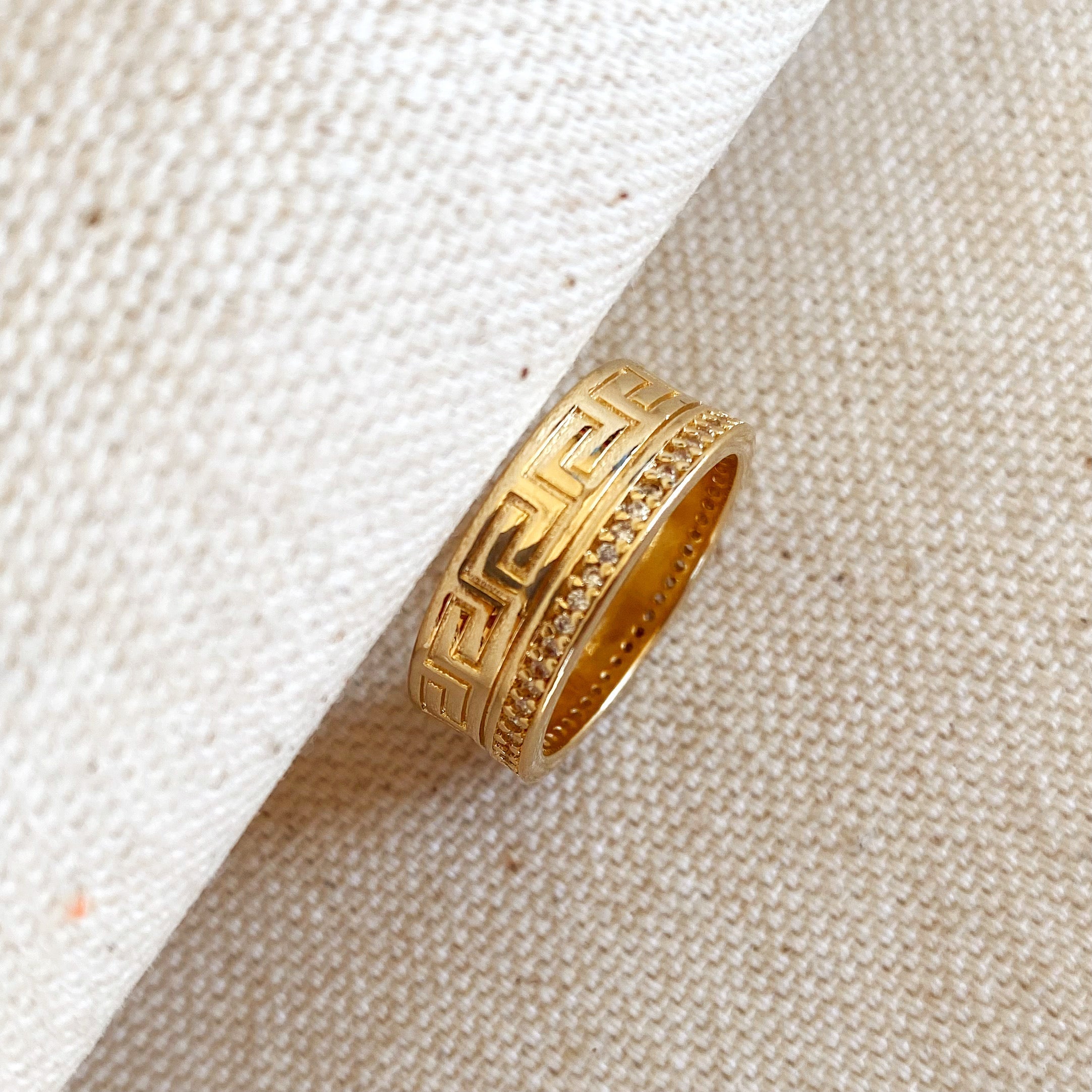 Mondsee 18k Gold Filled Greek Pattern Band Ring With Cubic Zirconia Detail | 18k Gold Filled Jewelry