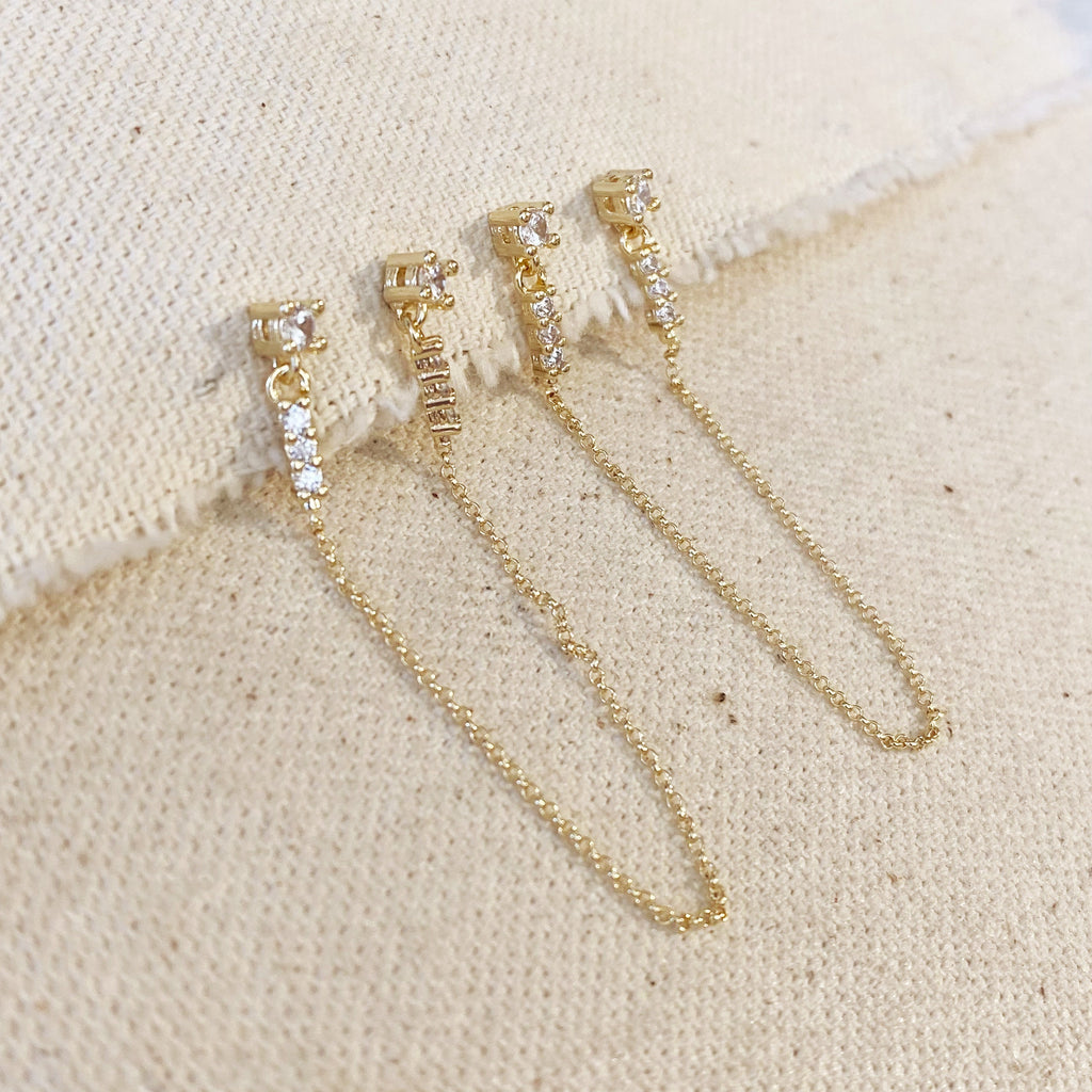 Mondsee CZ Double Piercing Earrings Connected by Chain | 18k Gold Filled Jewelry