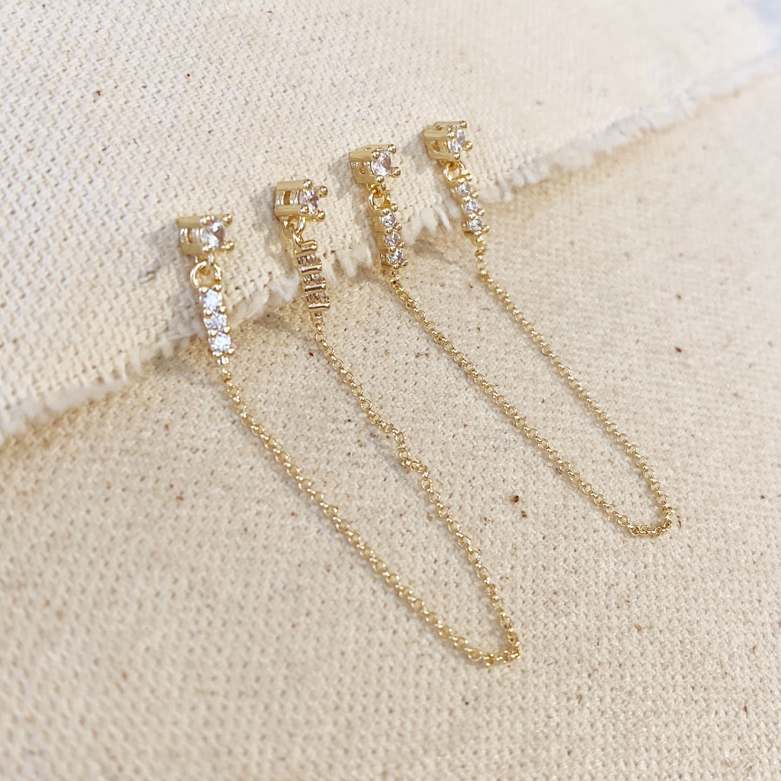 Mondsee CZ Double Piercing Earrings Connected by Chain | 18k Gold Filled Jewelry