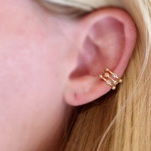 18k Gold Filled 3 in 1 Spaced Bezel Cubic Zirconia Ear Cuff, view 2