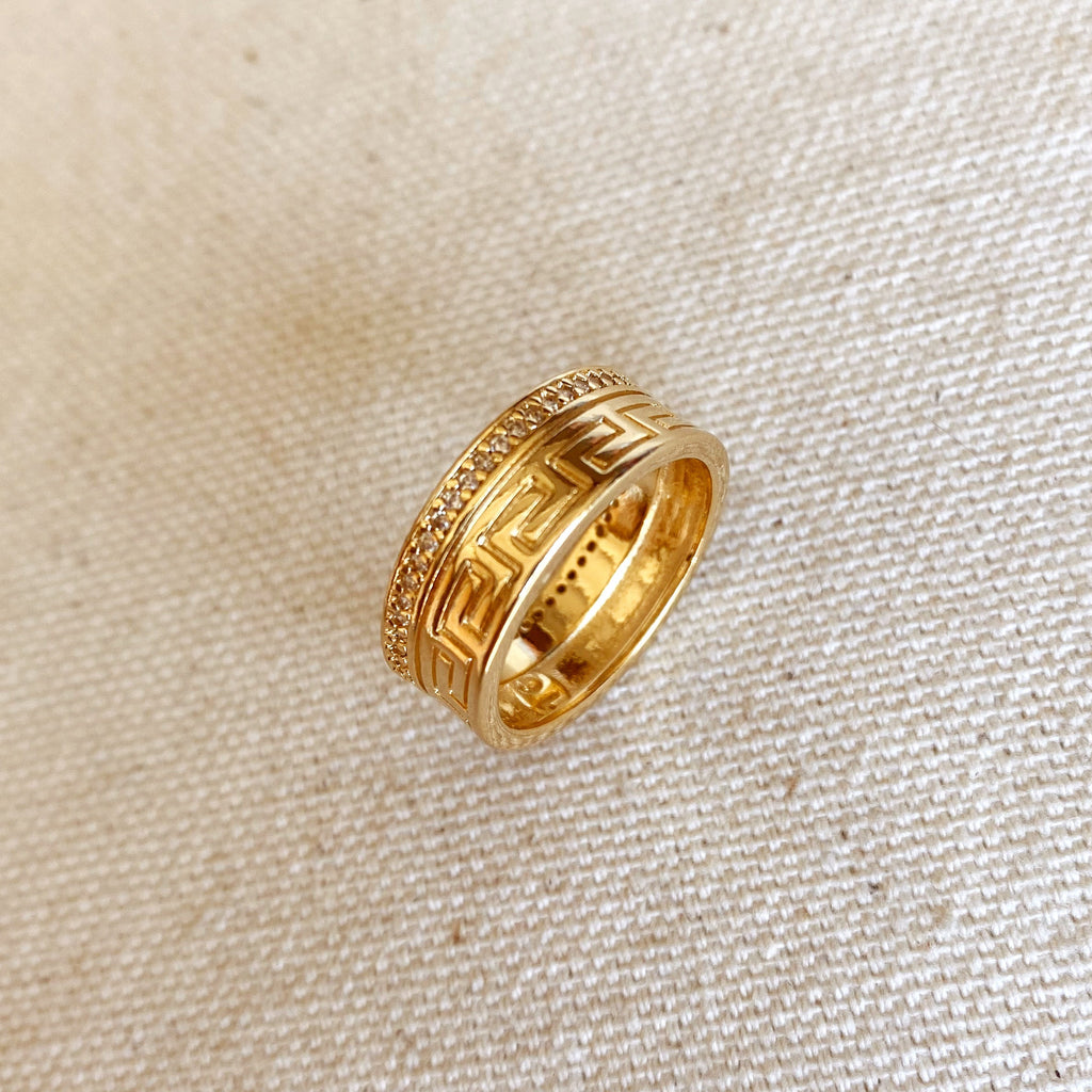 Mondsee 18k Gold Filled Greek Pattern Band Ring With Cubic Zirconia Detail | 18k Gold Filled Jewelry