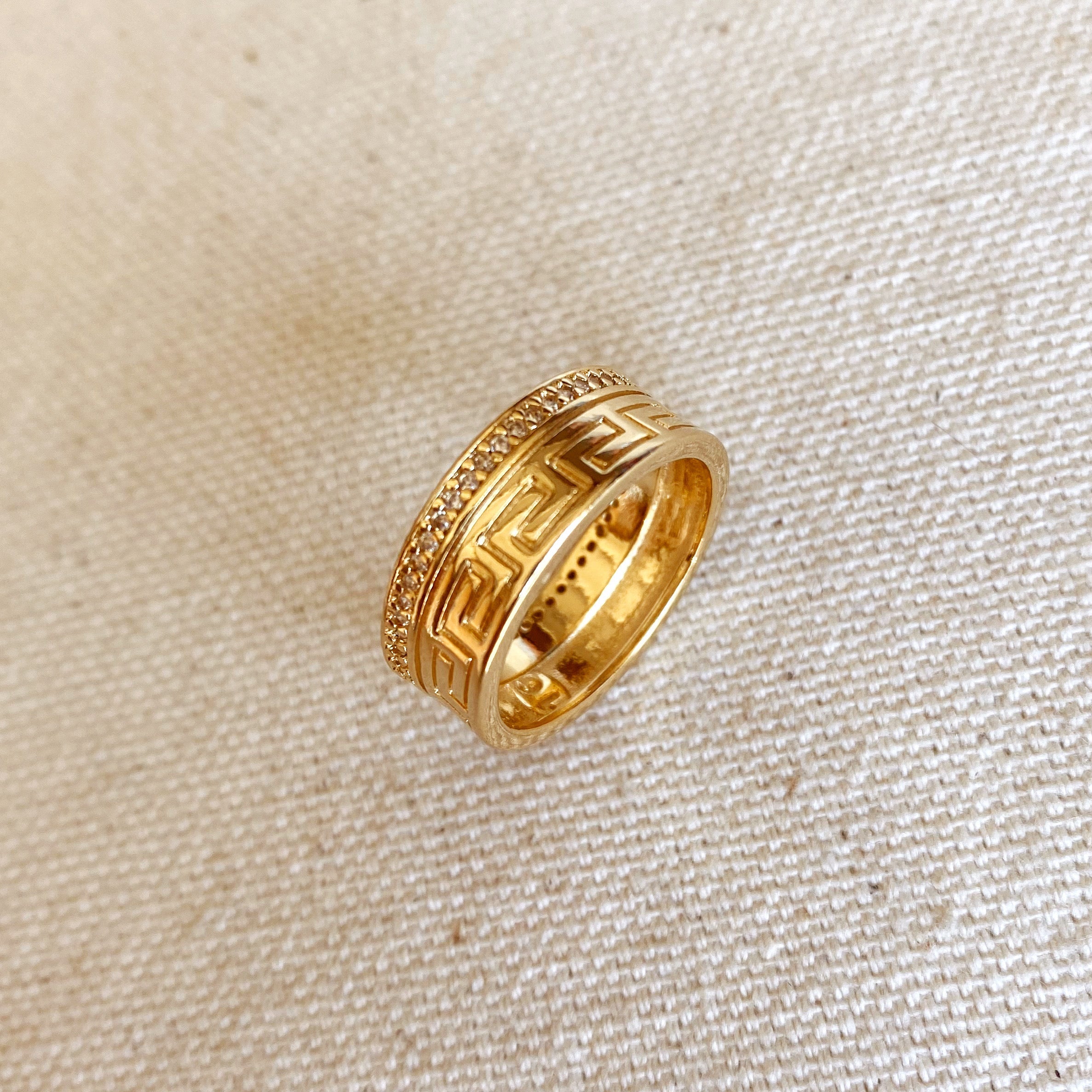 Mondsee 18k Gold Filled Greek Pattern Band Ring With Cubic Zirconia Detail | 18k Gold Filled Jewelry