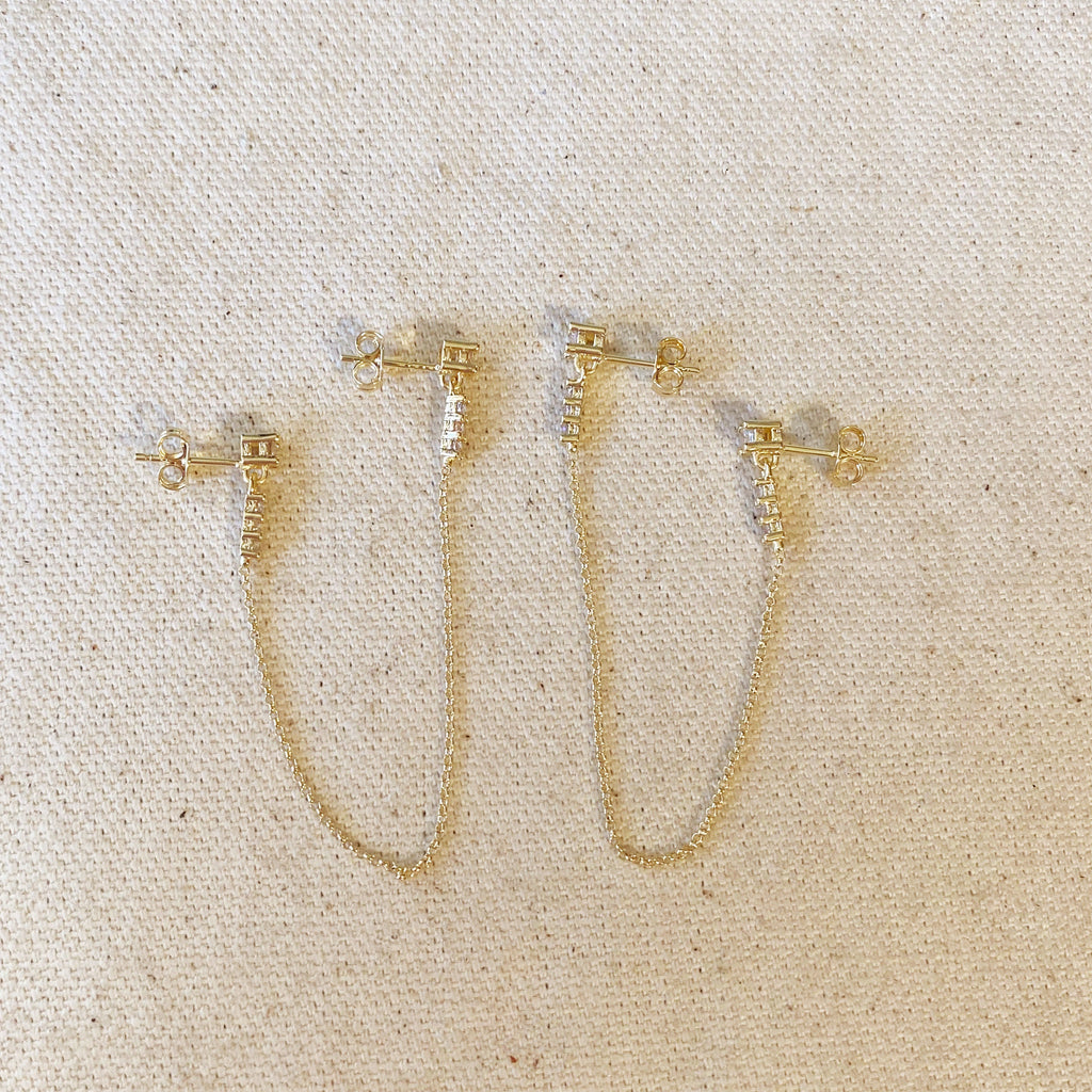 Mondsee CZ Double Piercing Earrings Connected by Chain | 18k Gold Filled Jewelry