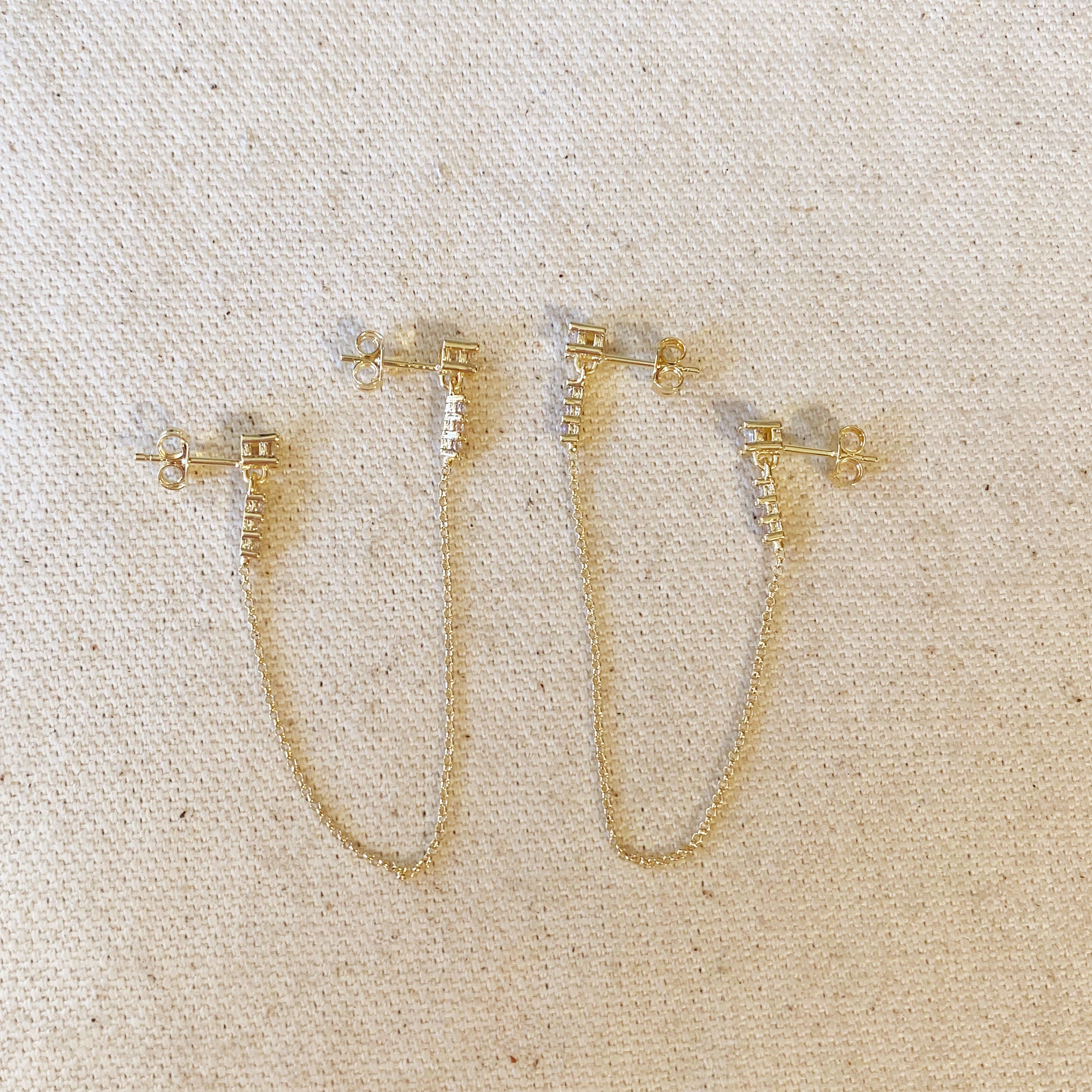 Mondsee CZ Double Piercing Earrings Connected by Chain | 18k Gold Filled Jewelry