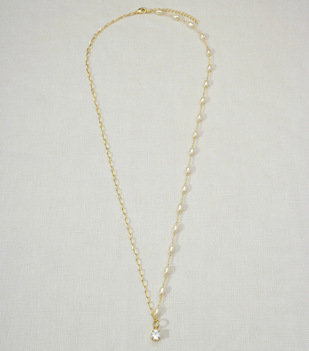 Mondsee 18k Gold Filled Oval Shaped Pearl Necklace With Cubic Zirconia Stone Charm | 18k Gold Filled Jewelry