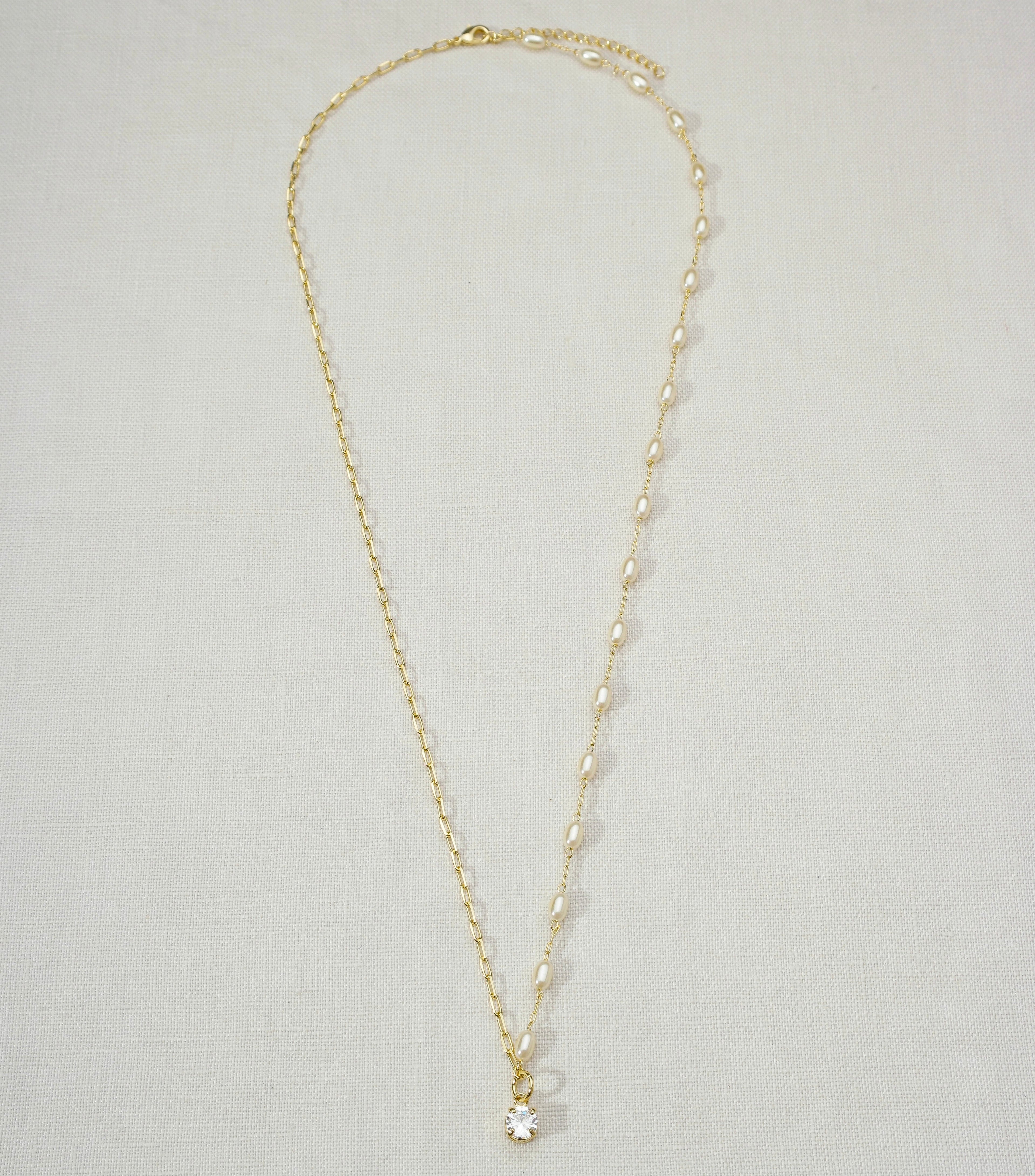 Mondsee 18k Gold Filled Oval Shaped Pearl Necklace With Cubic Zirconia Stone Charm | 18k Gold Filled Jewelry